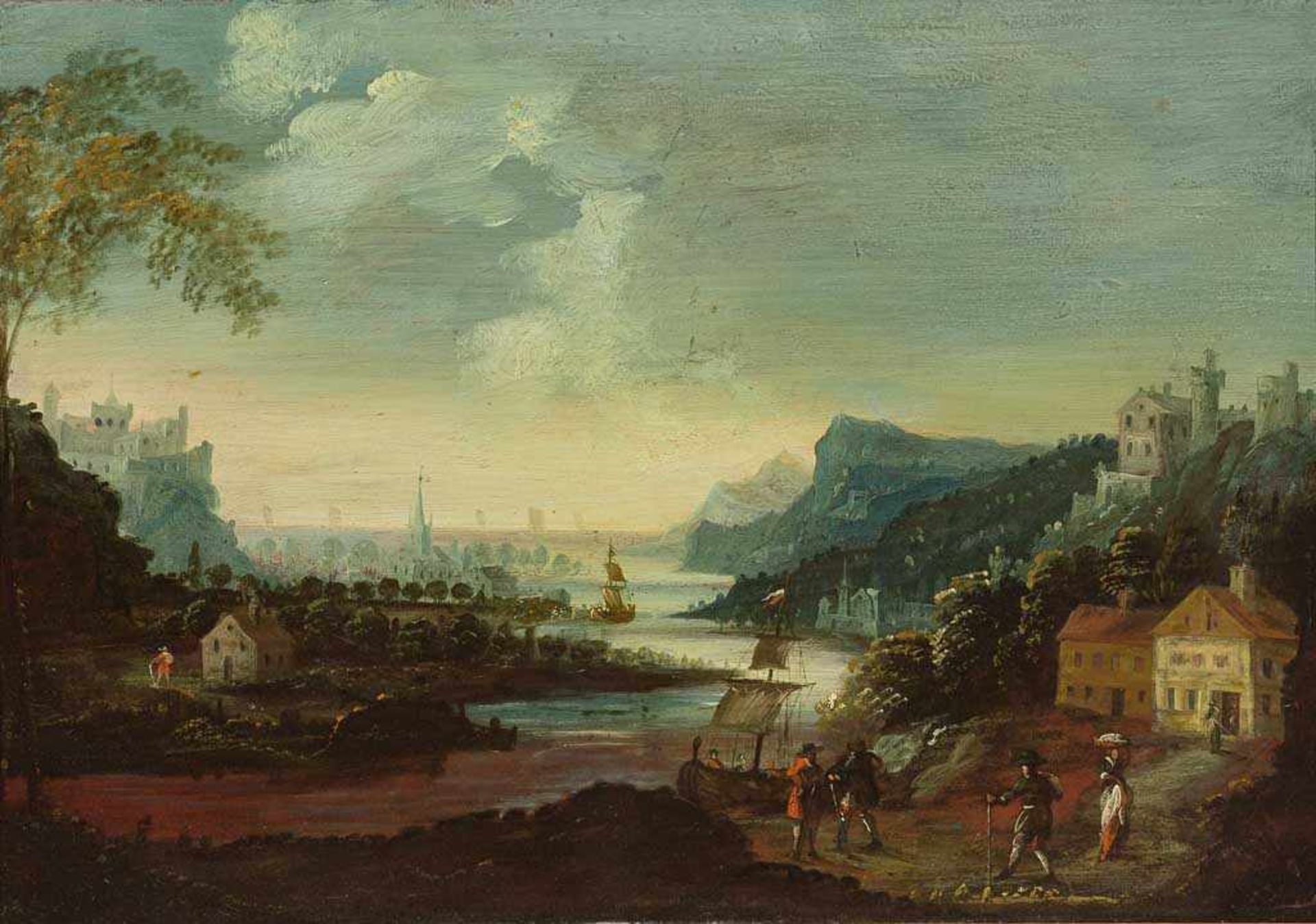 Maler des 18./19. Jh. im Stil des 17. Jh. Flusslandschaft mit Segelbooten und Kauffahrteiszenen.