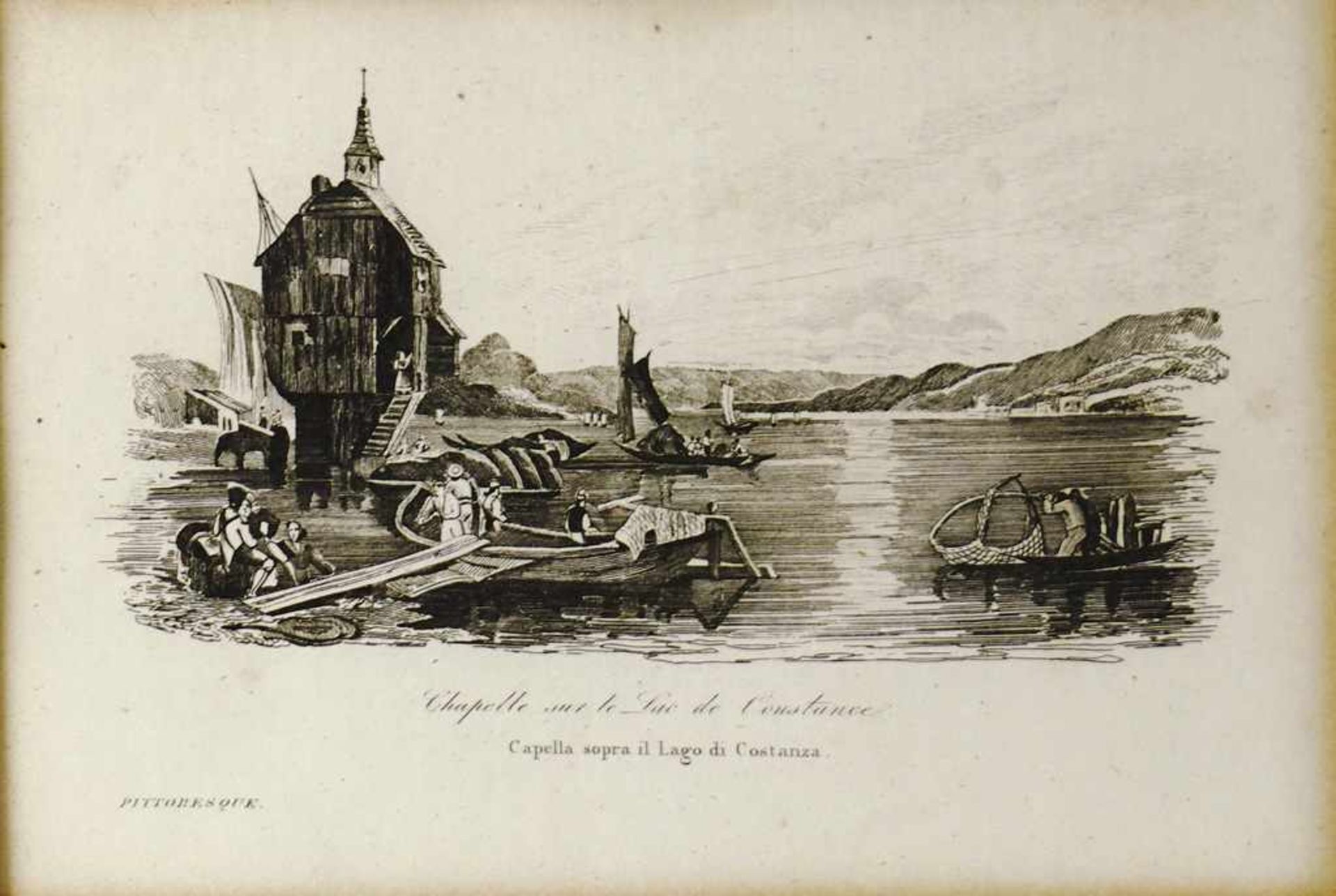 Bodensee. "Chapelle sur le Lac de Constance". Federlitho, 19. Jh. Abb. ca. 8 x 12,5 cm. Gl.u.R