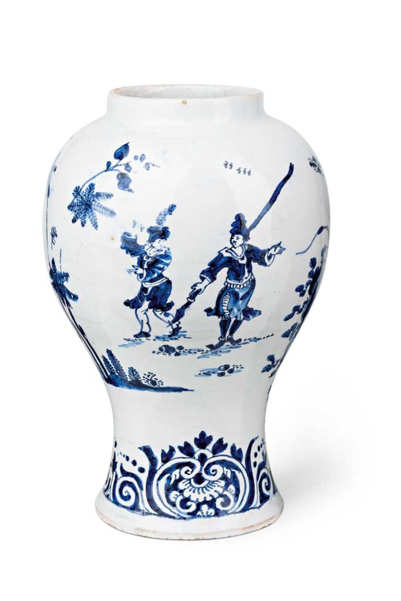 Balustervase. Feine Blaumalerei mit Chinoiserie (Insel-Chinesen). Kleine Fußrandst. Frankreich,