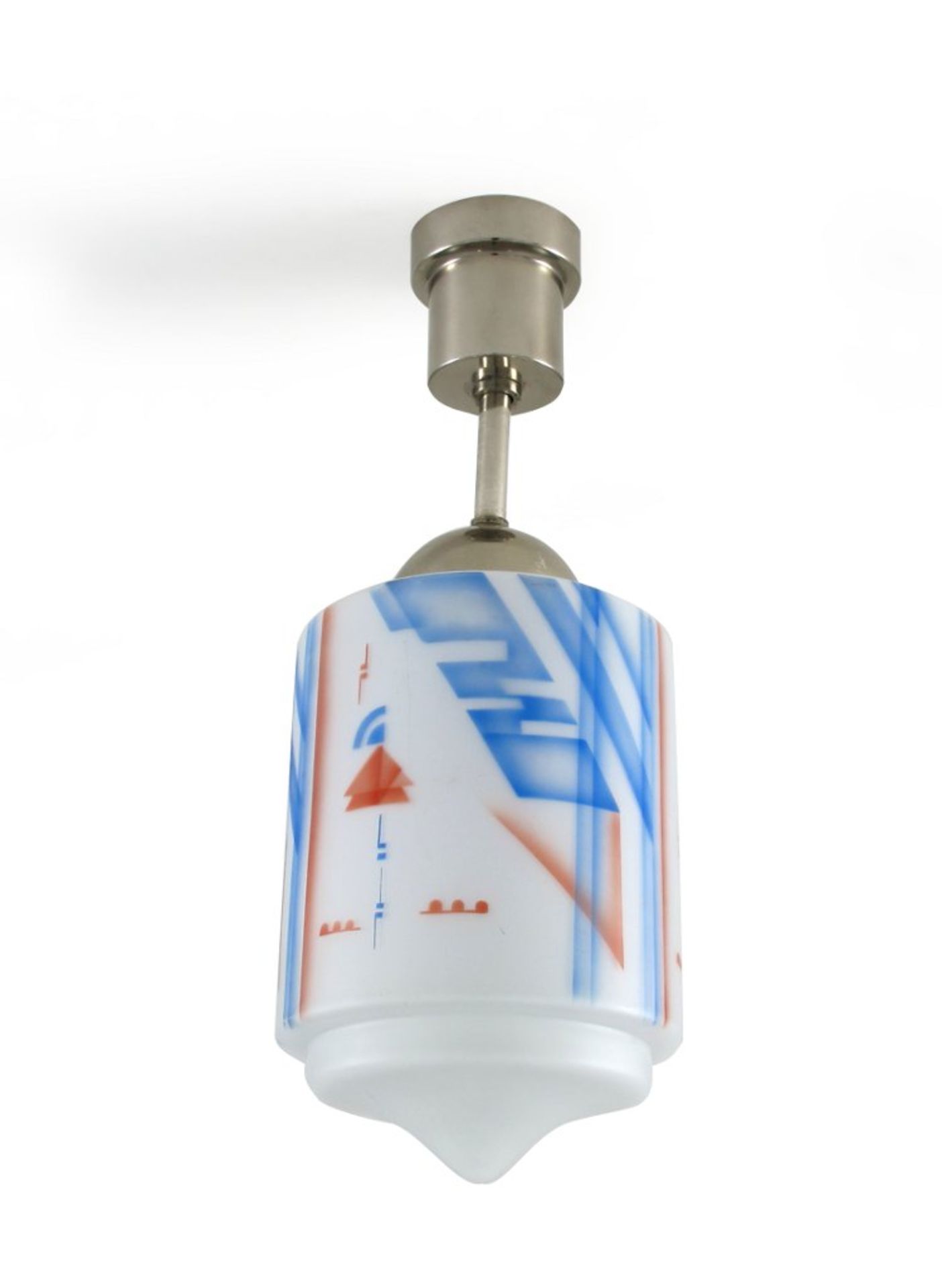 Jugendstil-/Art-Déco-Hängelampe. Zylindrischer Milchglasschirm mit graphischem Dekor.