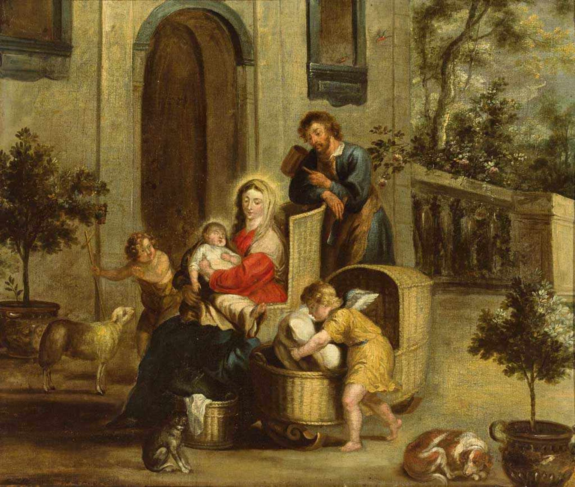 Niederländischer Maler des 17./18. Jh. Die Hl. Familie mit Johannesknabe und Engel. Öl/Lwd. 69,5 x