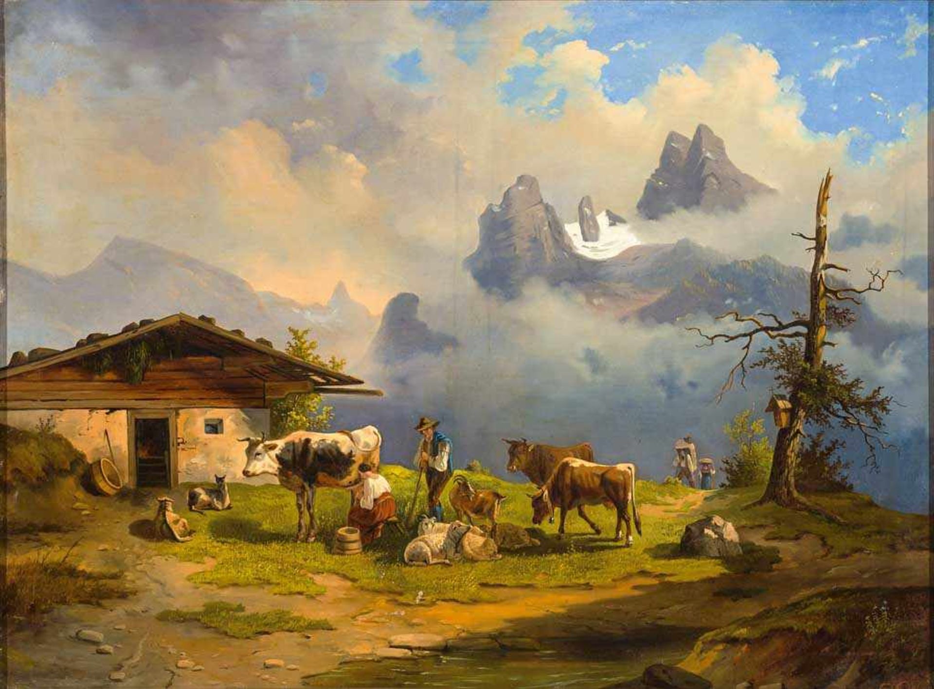 Monogrammist C.H. 1860 dat. Sennerin mit Kühen, Schafen und Ziegen, im Hintergrund aufragendes