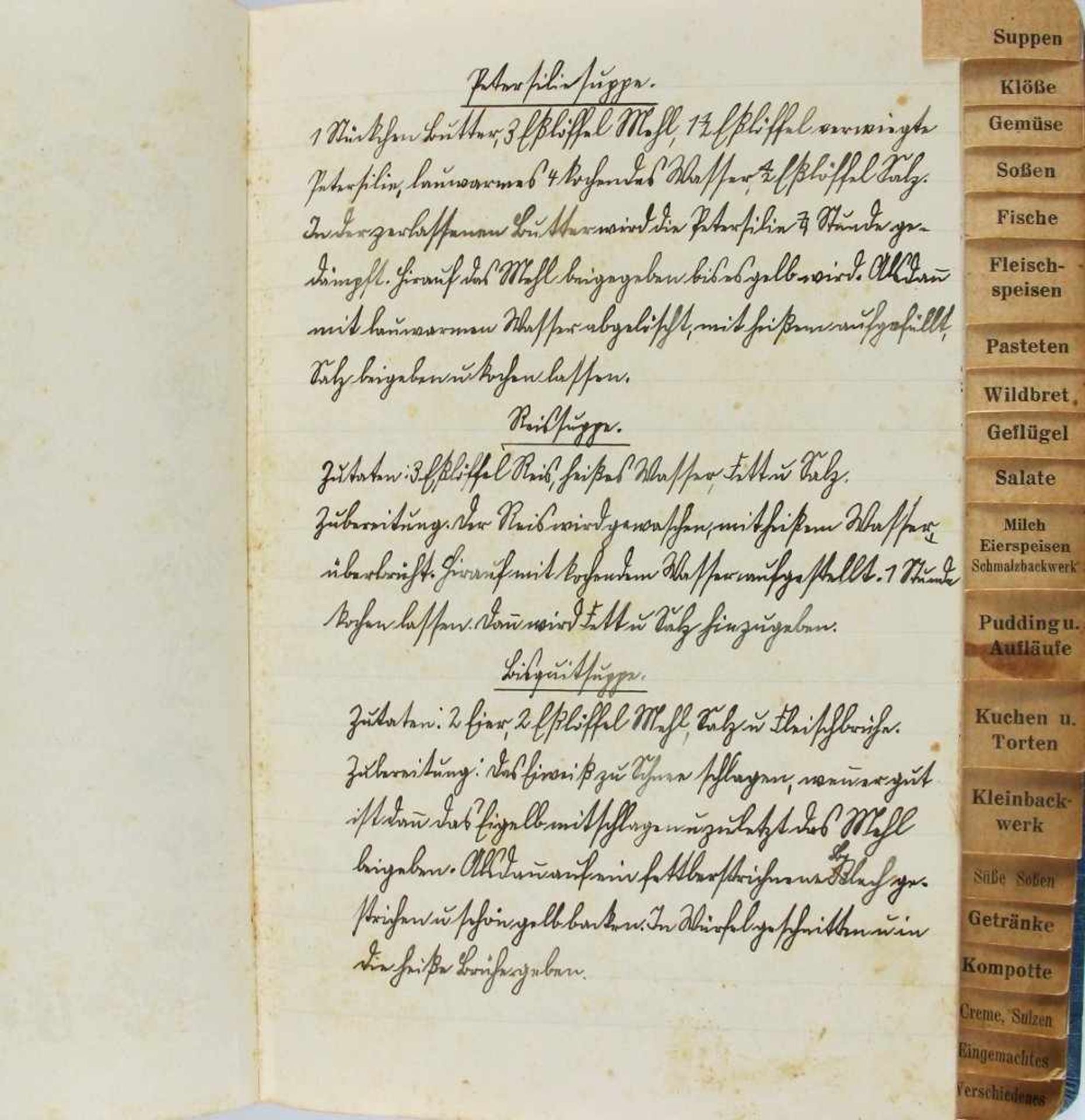 Kochbuch: Handschriftliches Kochbuch mit Einträgen u.a. zu Suppen, Klößen, Gemüse, Fischen, - Bild 2 aus 2