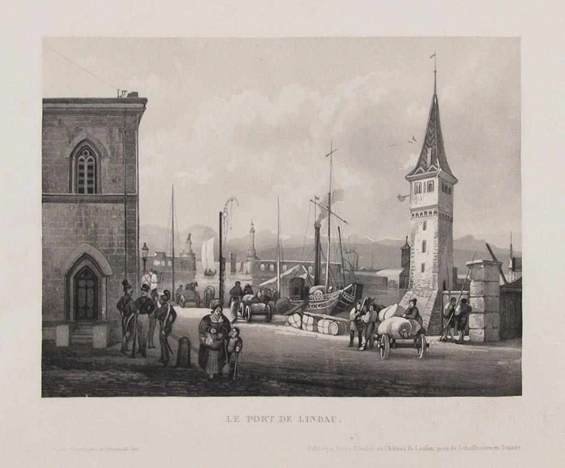 Lindau. "Le Port de Lindau". Blick von der Landseite mit Mang-Turm auf Hafen mit Löwe und