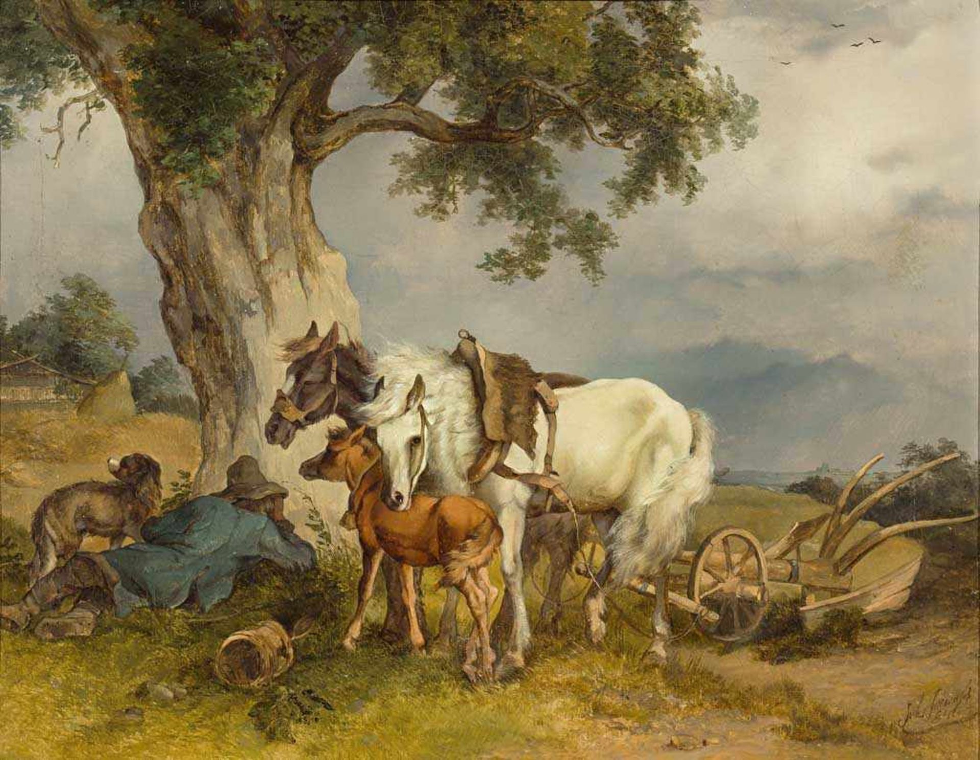 Maler des 19. Jh. Undeutlich sign. und 1846 dat. Bauer mit Pferdegespann und Fohlen bei der Rast