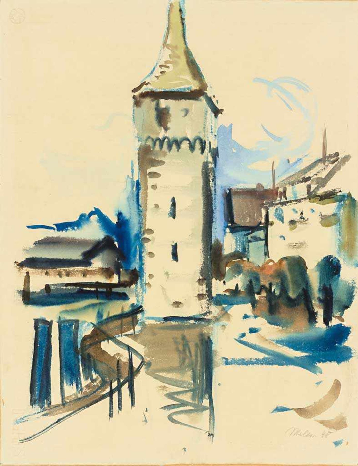 Ludwig Miller. 1907 - Ravensburg - 1987. Sign. und (19)48 dat. Der Mangturm im Lindauer Hafen.