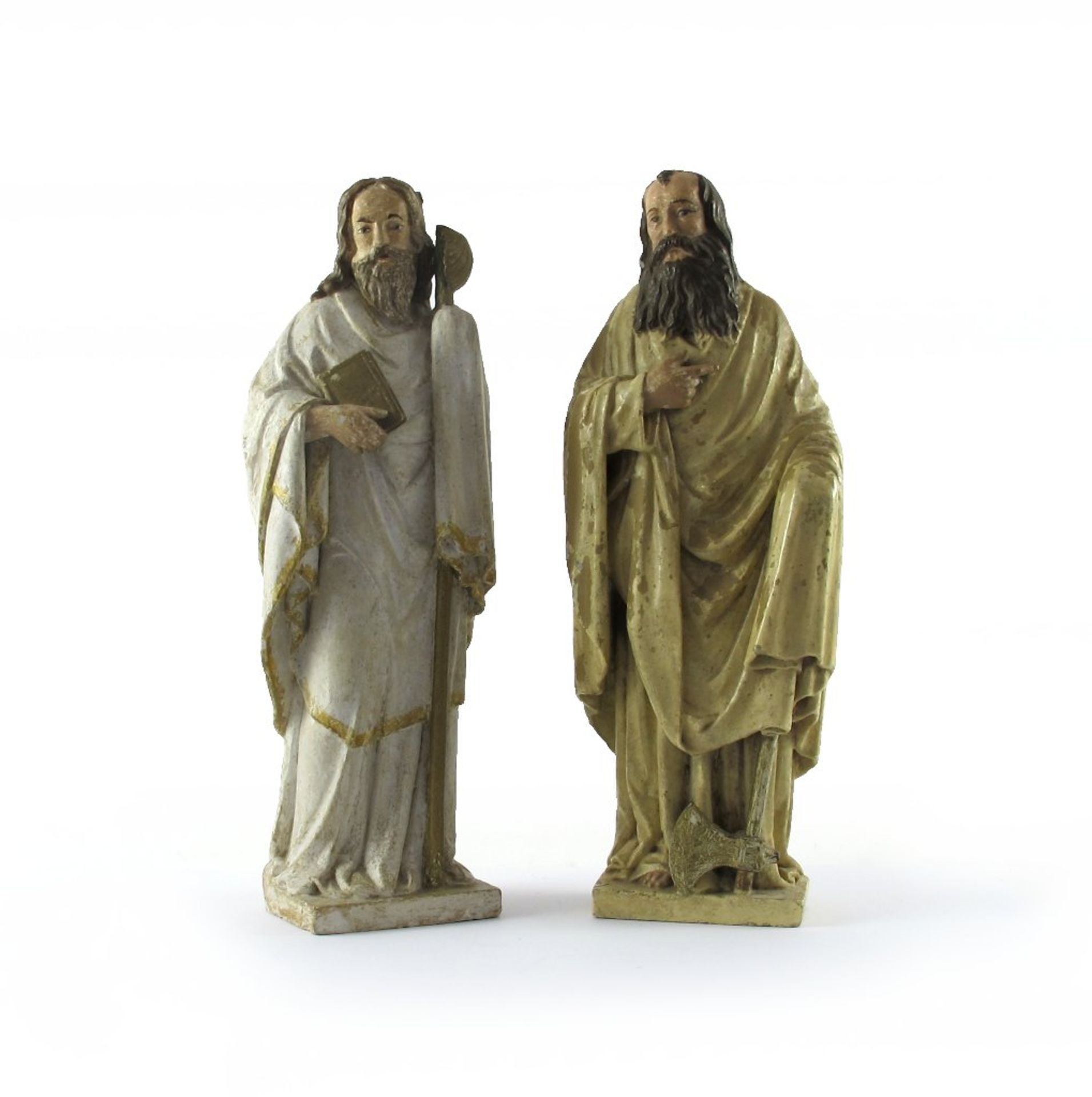 Zwei Kirchenväter als Pendantfiguren. Gefasster Stein. Frankreich, 18./19. Jh. H 48,5 cm