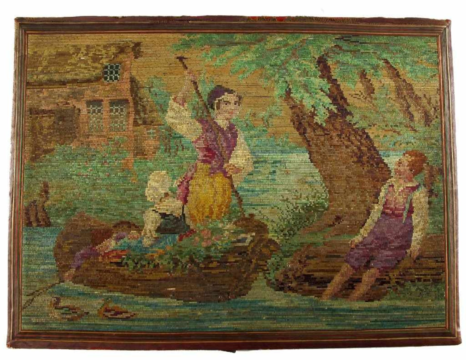 Polychromes Strohbild. Übersetzendes Boot auf einem Fluss. 19. Jh. 16,5 x 22,5 cm