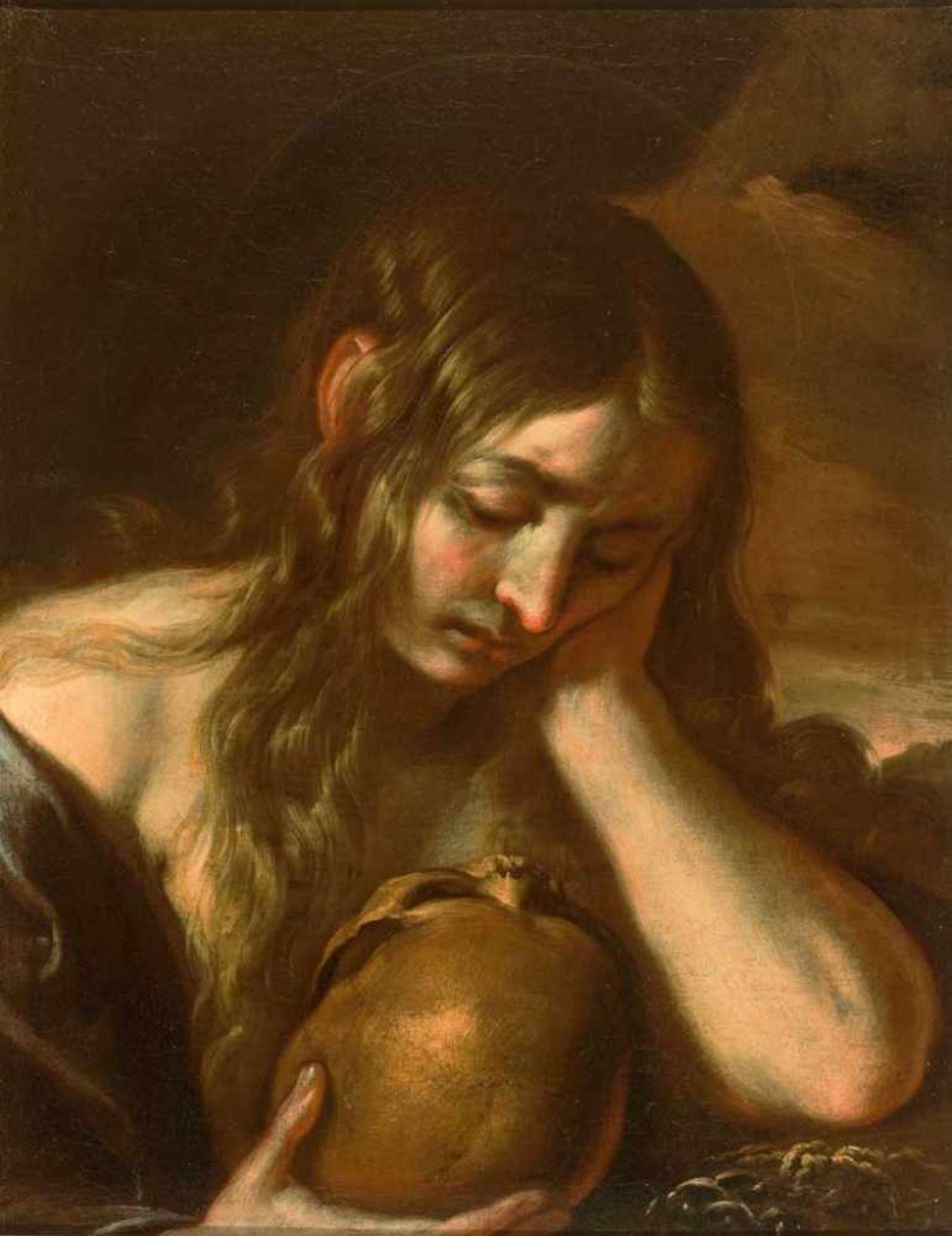 Maler des 17. Jh. Umkreis Giulio Cesare Procaccini. Büßende Magdalena mit Schädel. Öl/Lwd. 80,5 x 48