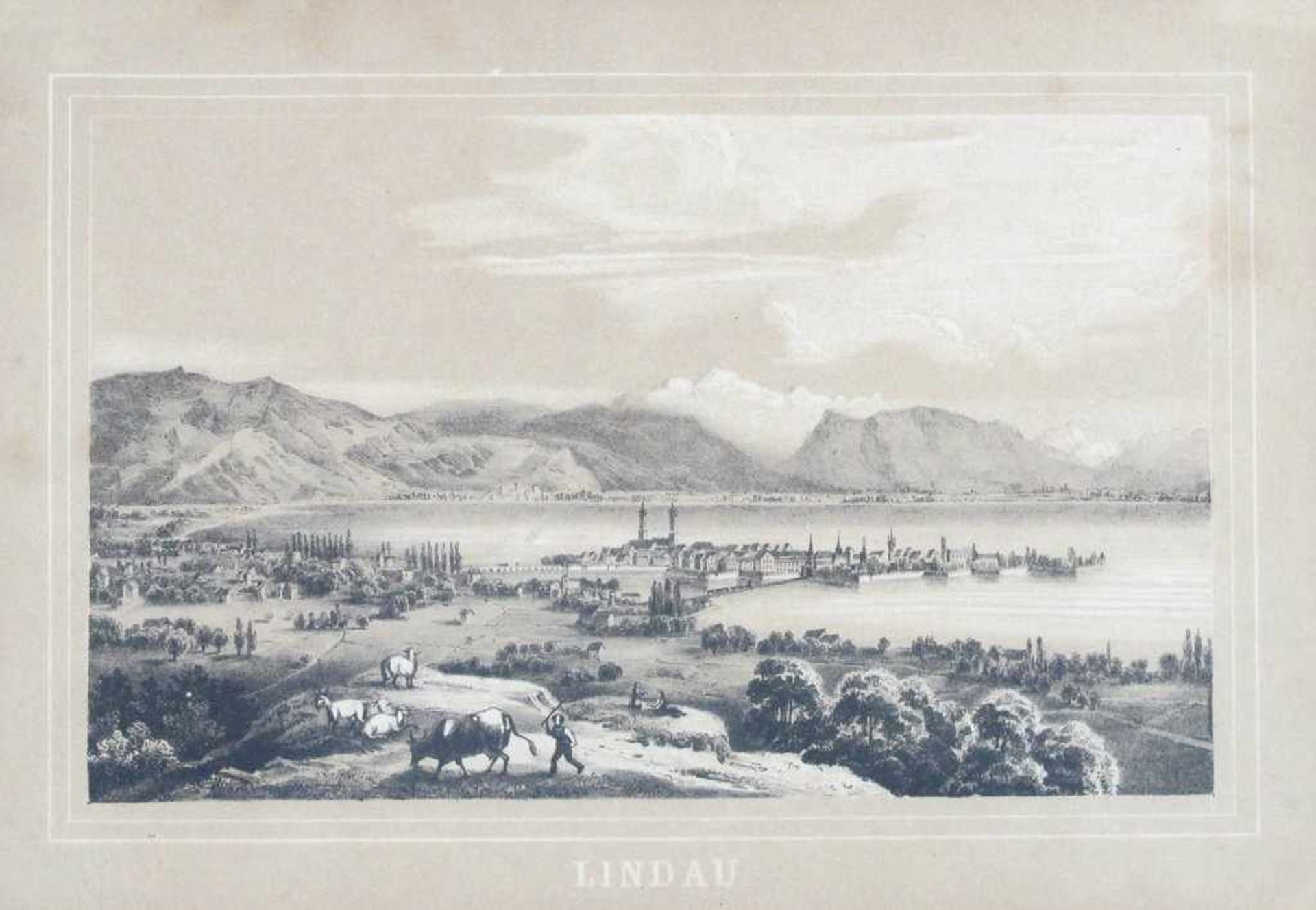 Lindau. Blick vom Hoyerberg auf die Insel mit Eisenbahndamm, im Hintergrund Gebirgsmassiv, im