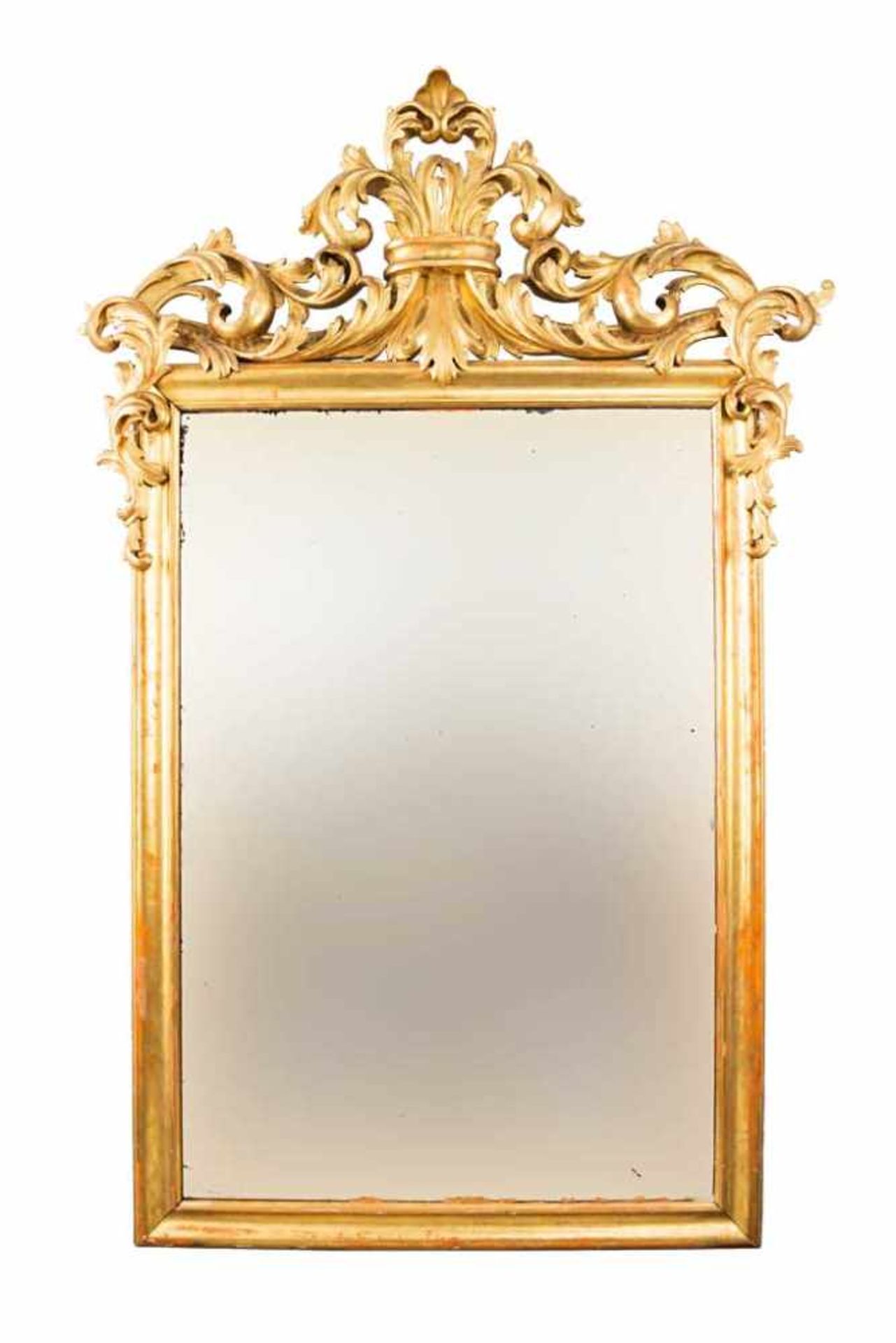 Großer Florentiner Spiegel. Akanthusschnitzerei mit Polimentvergoldung. 19. Jh. 240 x 145 cm