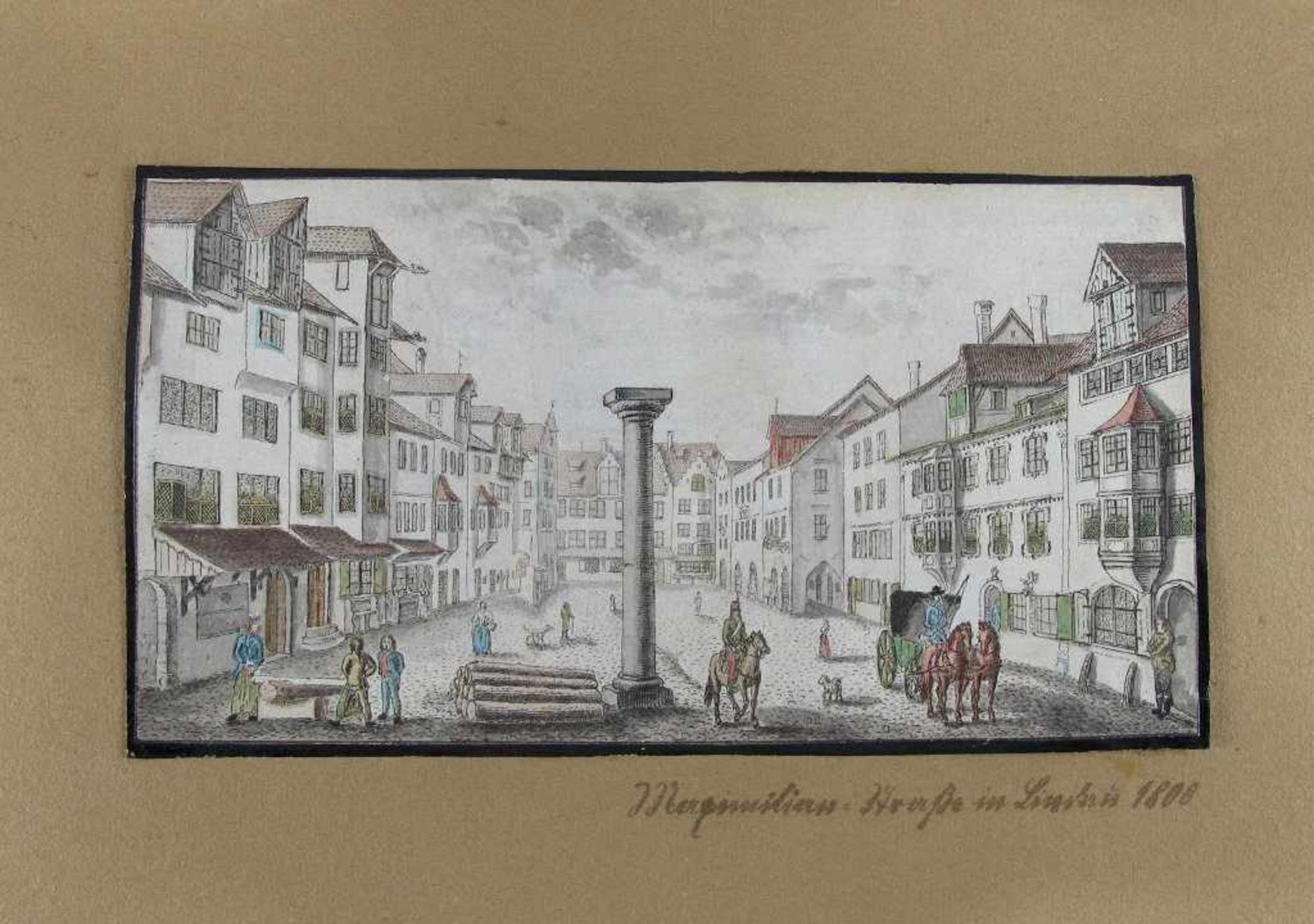 Lindau. Der Alte Markt, heutige Maximilianstraße. Figurenstaffage mit Reiter und Kutsche. Kol.