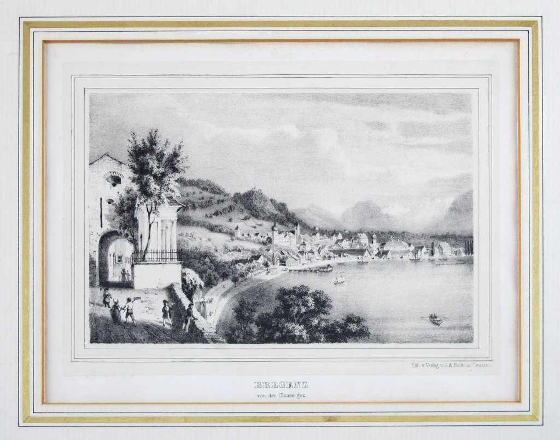 "Bregenz von der Clause gez.". Lithographie bei J.A. Pecht in Konstanz. Bildgr. 13 x 20 cm. Gl.u.R