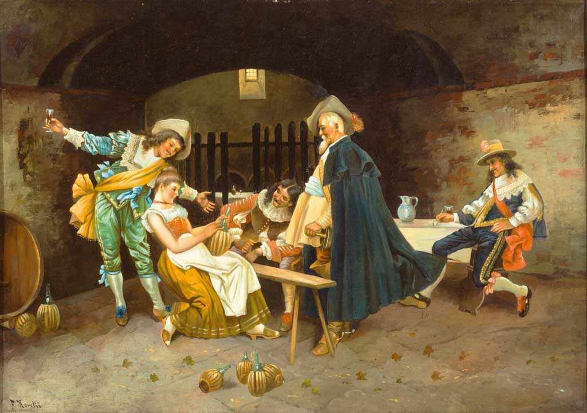 F. Morelli. Maler des 19./20. Jh. Sign. Mit Schankmagd schäkernde Musketiere in einem Weinkeller.