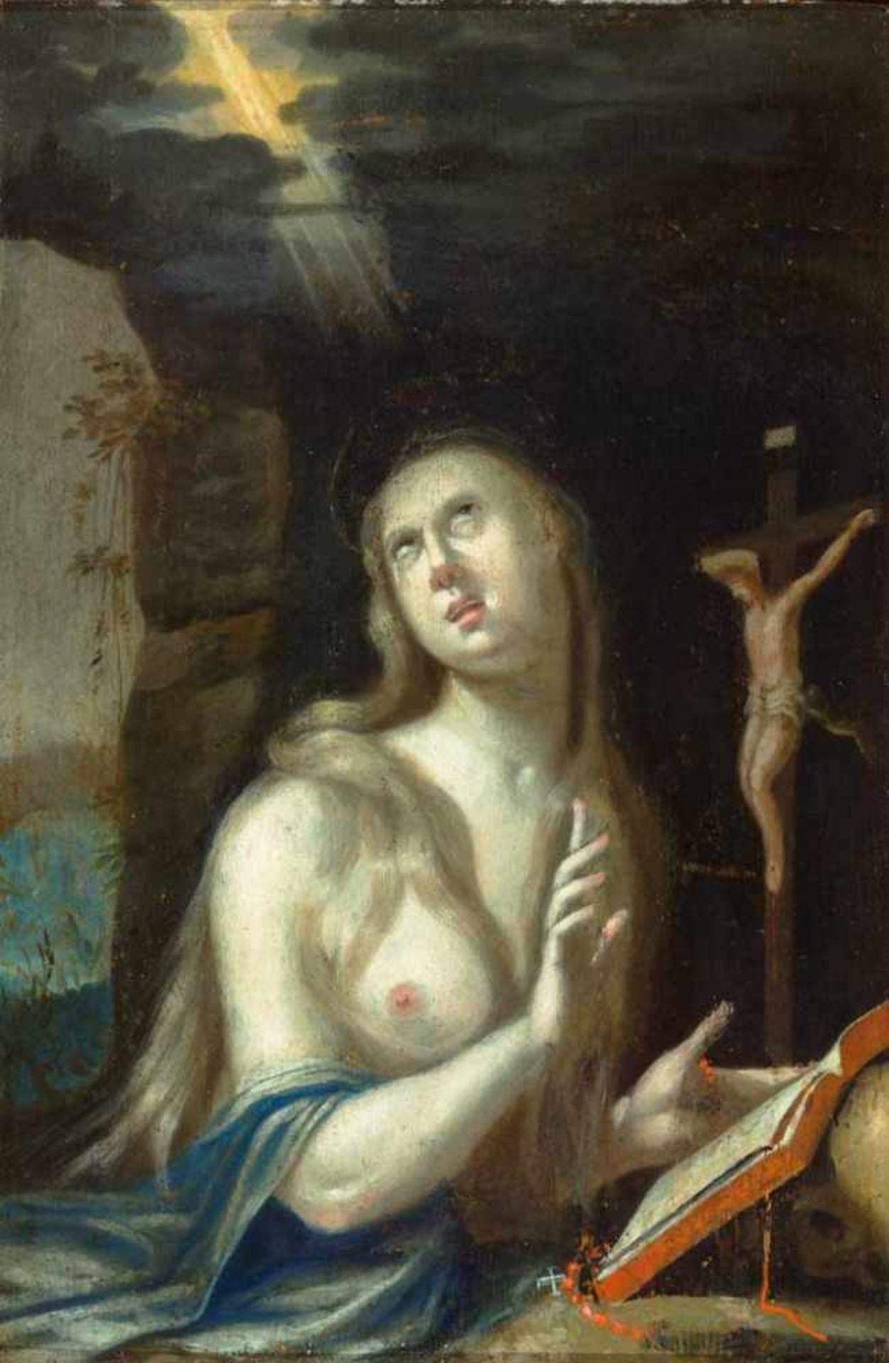 Niederländischer Maler des 17. Jh. Büste der Hl. Magdalena mit Kruzifix. Öl/Holz. 22 x 15 cm. R