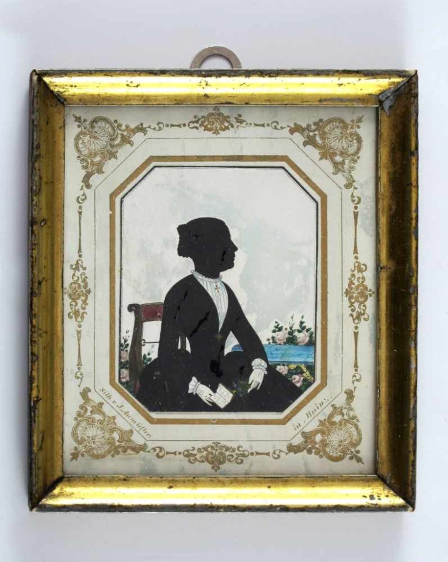 Miniatur: Silhouettenportrait einer sitzenden Dame im Profil von rechts. 19. Jh. 9 x 7 cm. R