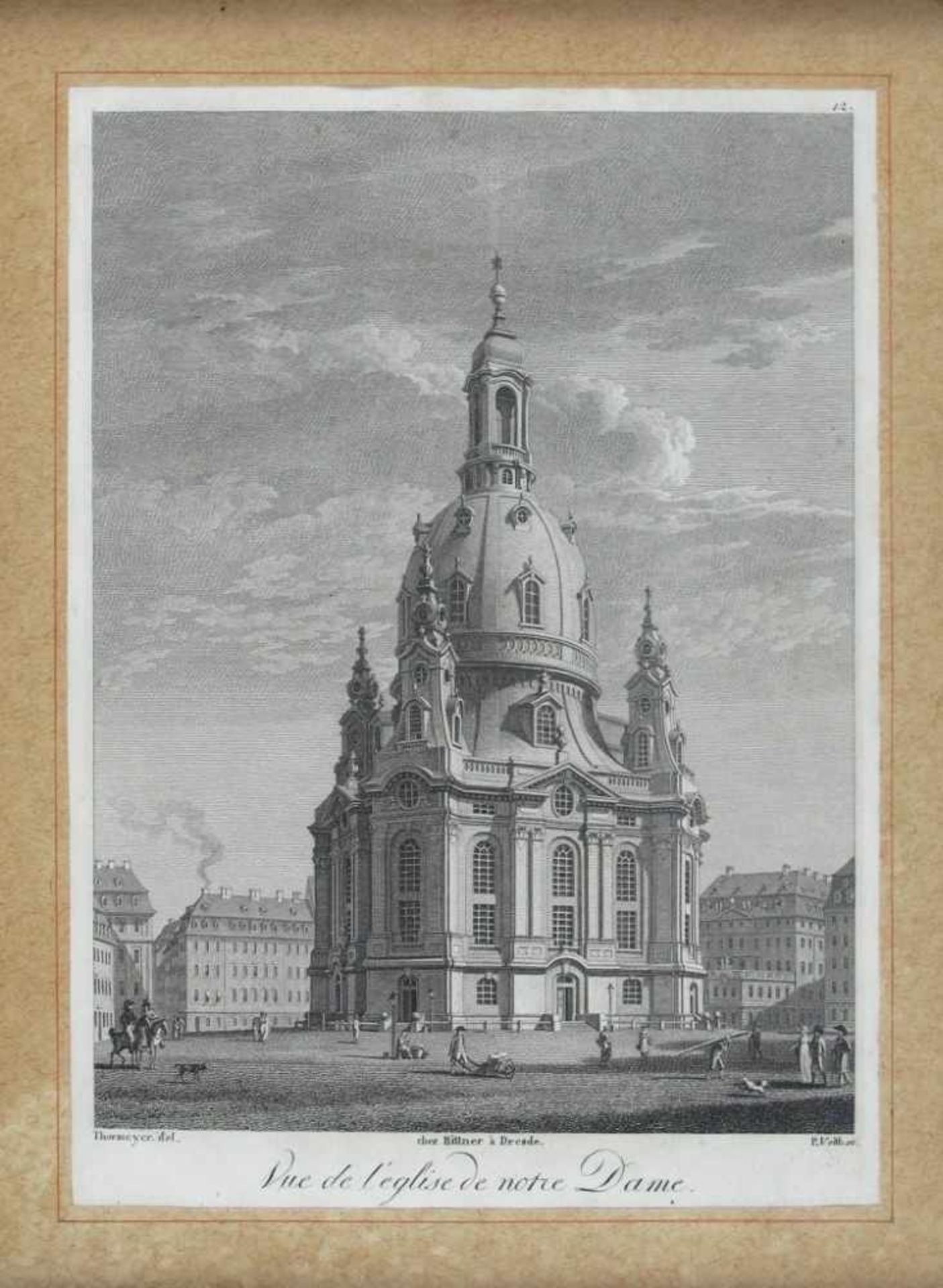 Dresden. Blick auf die Frauenkirche ("Vue de l'eglise de notre Dame"). Stahlstich von Philipp