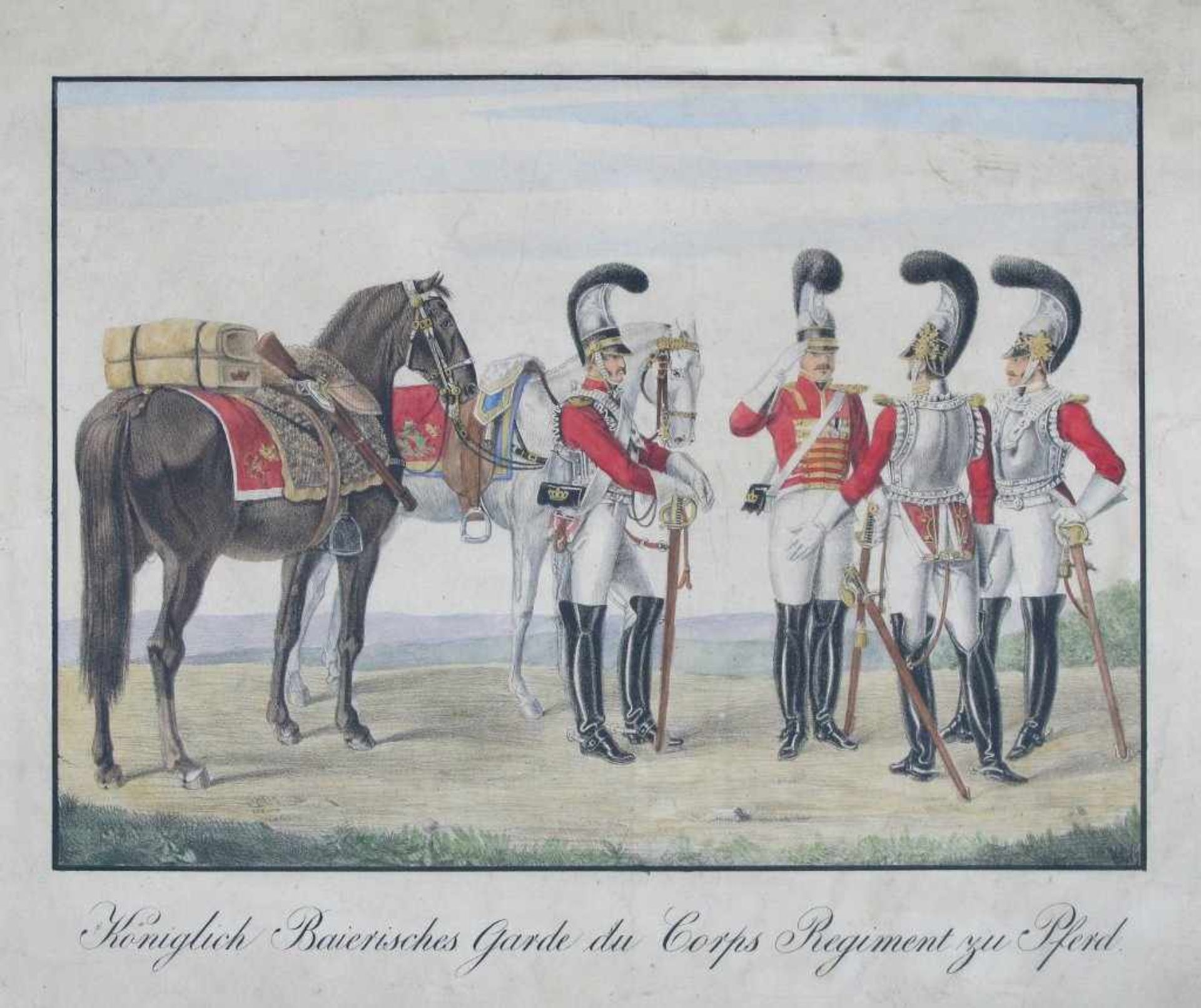 Militär: "Königlich Baierisches Garde du Corps Regiment zu Pferd". Kol. Lithographie, 19. Jh.