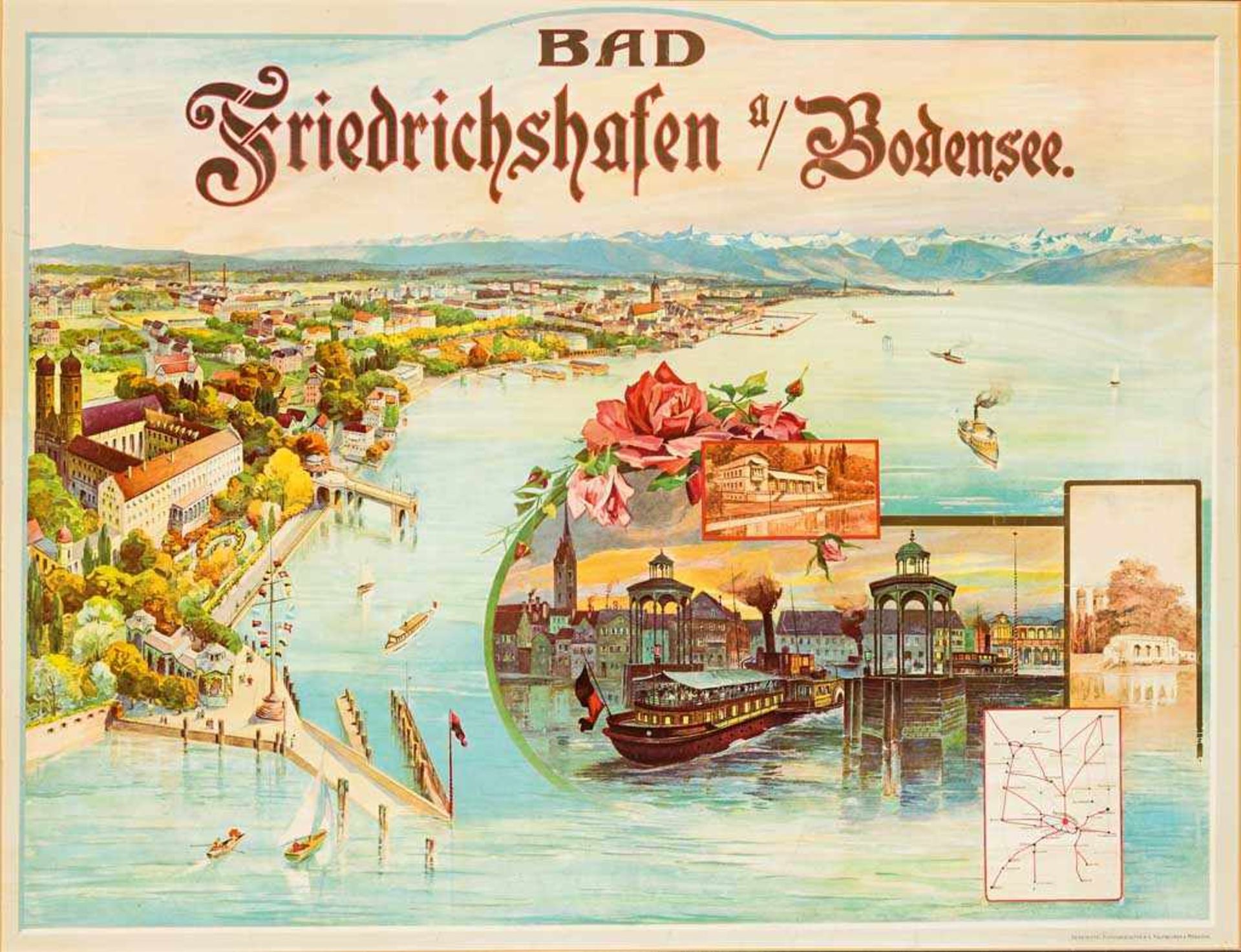 Friedrichshafen. "Bad Friedrichshafen a/Bodensee". Große Ansicht der Stadt mit See und Bergen. In