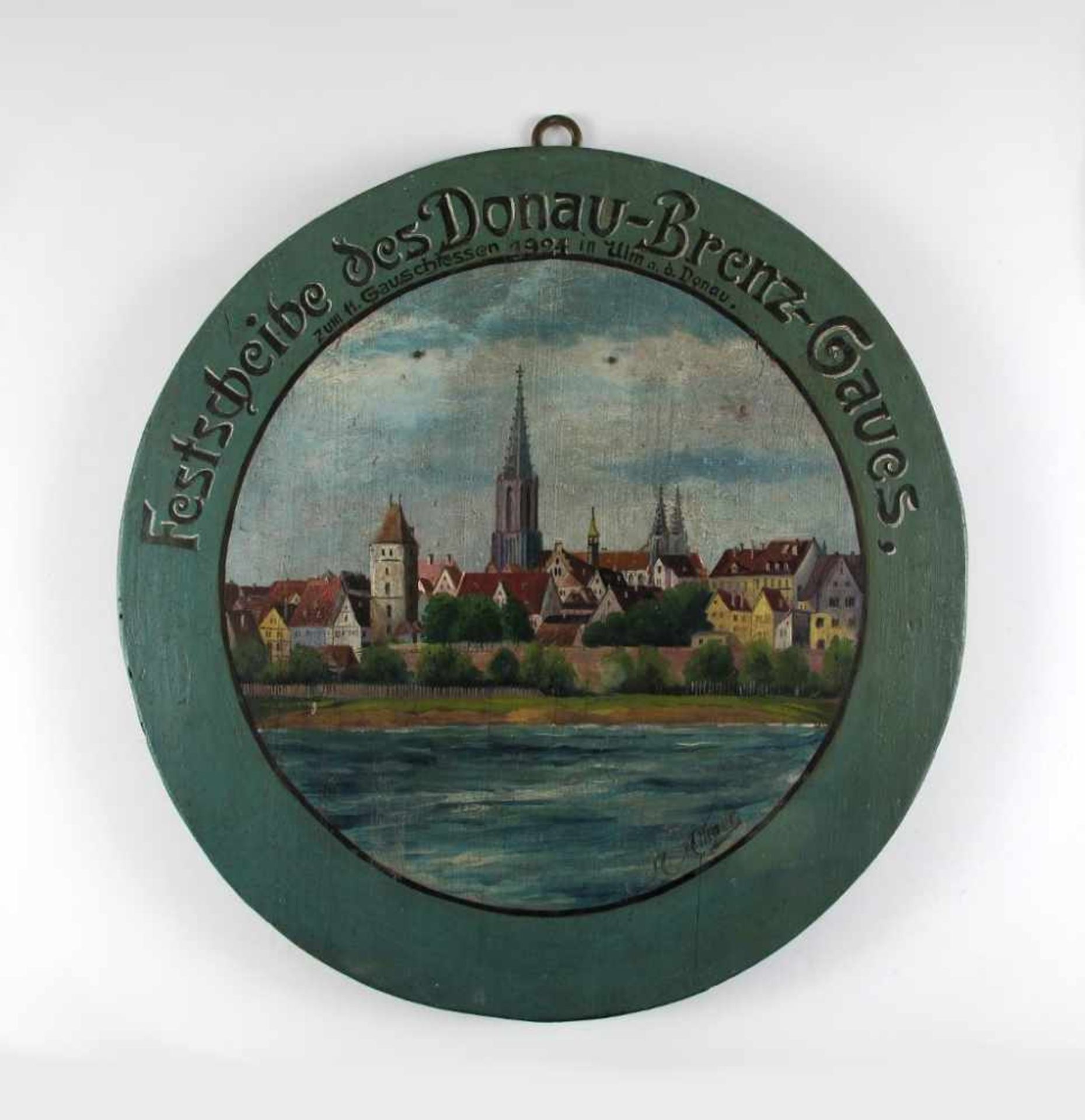 Schützenscheibe Ulm 1924. "Festscheibe des Donau-Brenz-Gaues zum 11. Gauschiessen 1924 in Ulm a.