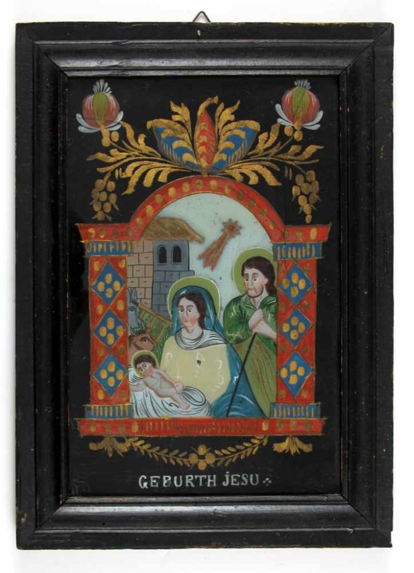 "Geburth Jesu". Hl. Familie. Sprünge. Sandl, 19. Jh. 26 x 17 cm. R