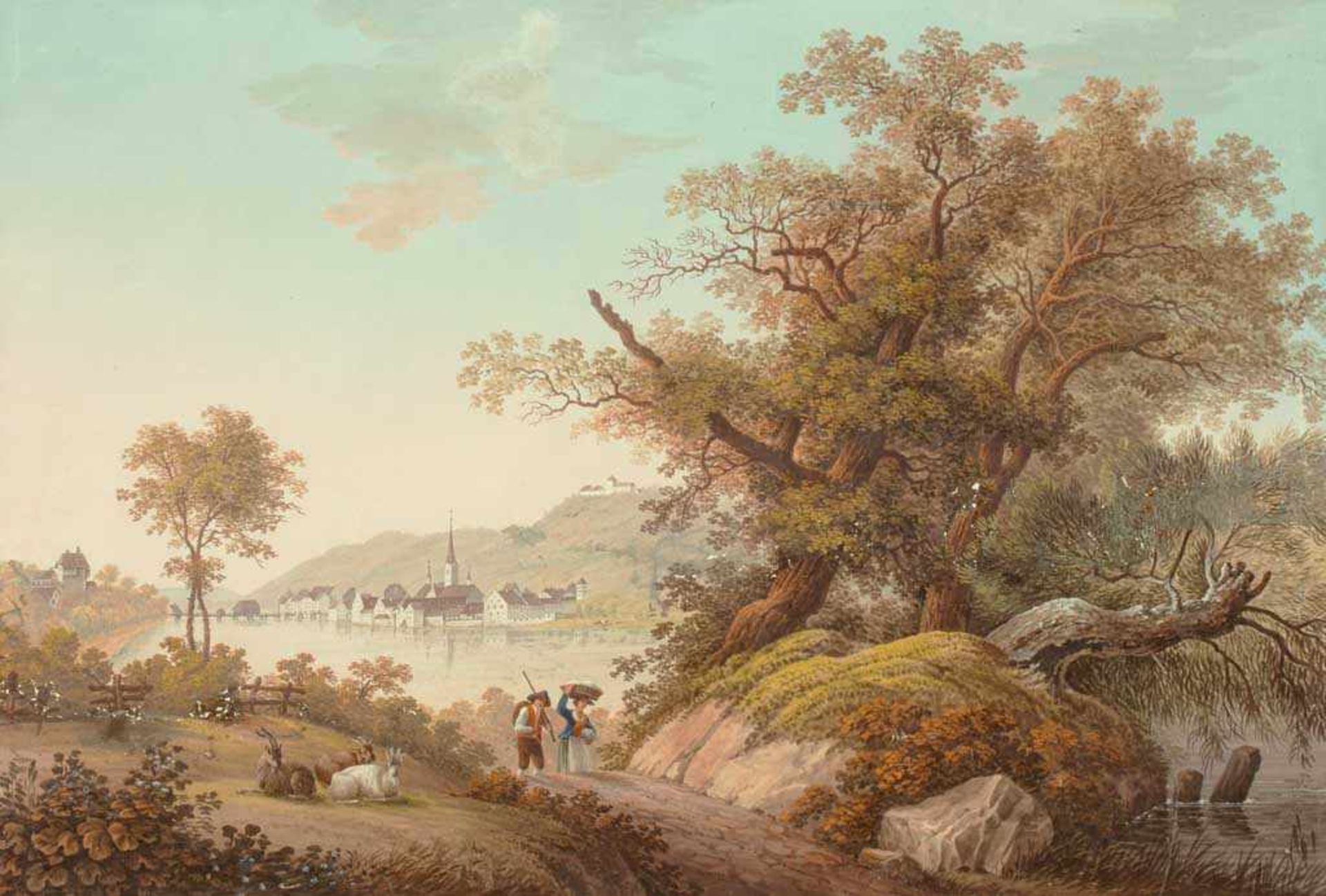 Schweizer Landschafter 1. Hälfte 19. Jh. Blick auf Stein am Rhein. Im Vordergrund Landleute mit
