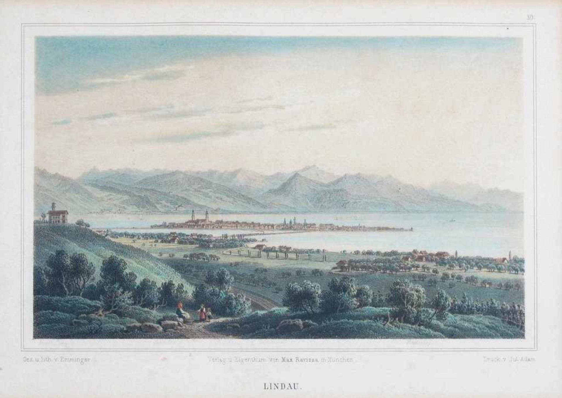 "Lindau". Blick auf die Insel vor Gebirgshintergrund, links das Hoyerbergschlössle. Lithographie von