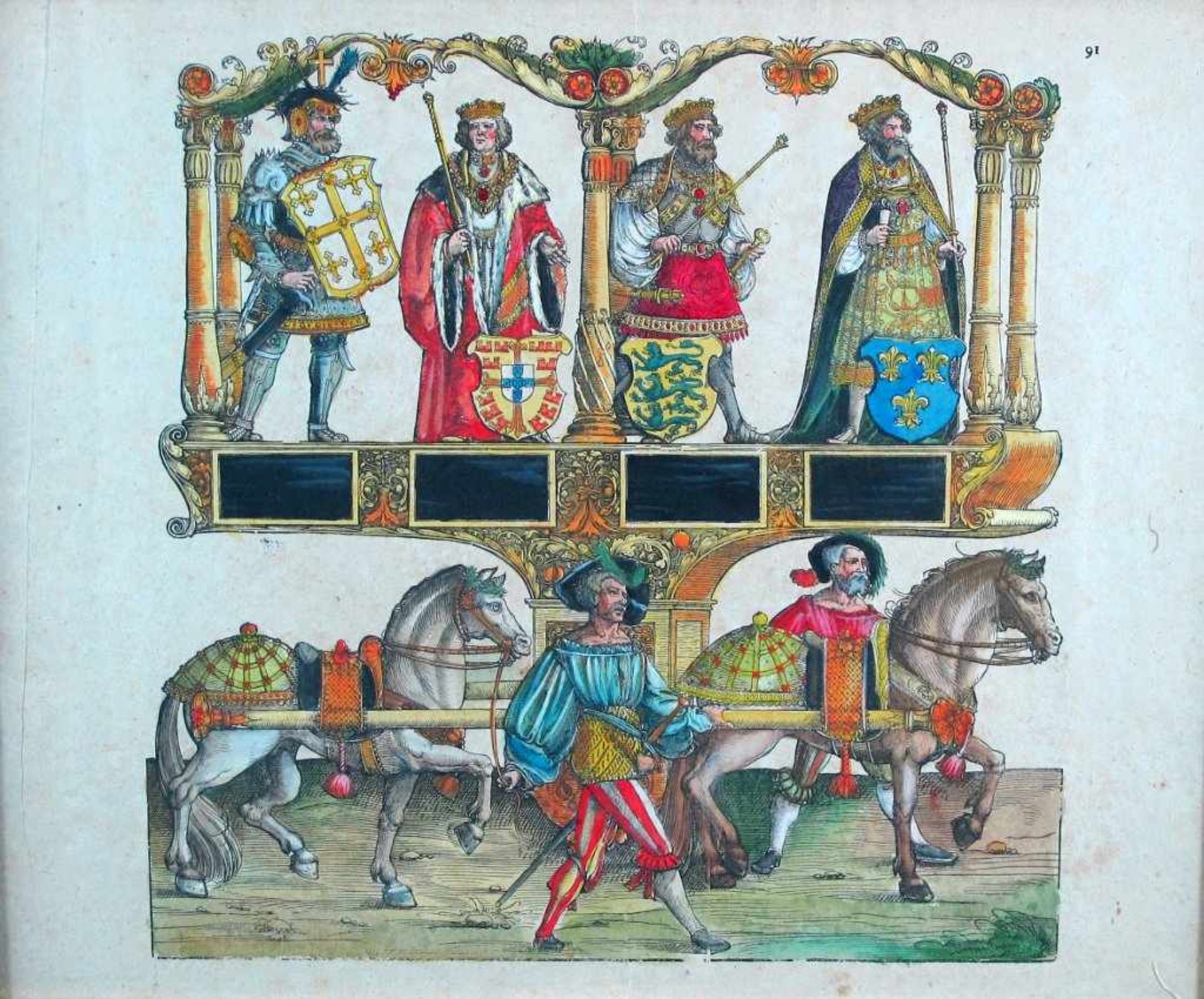 Herrscherdarstellungen mit zugehörigen Wappen, darunter Pferdeparade. Kol. Holzschnitt. Blattgr. ca.