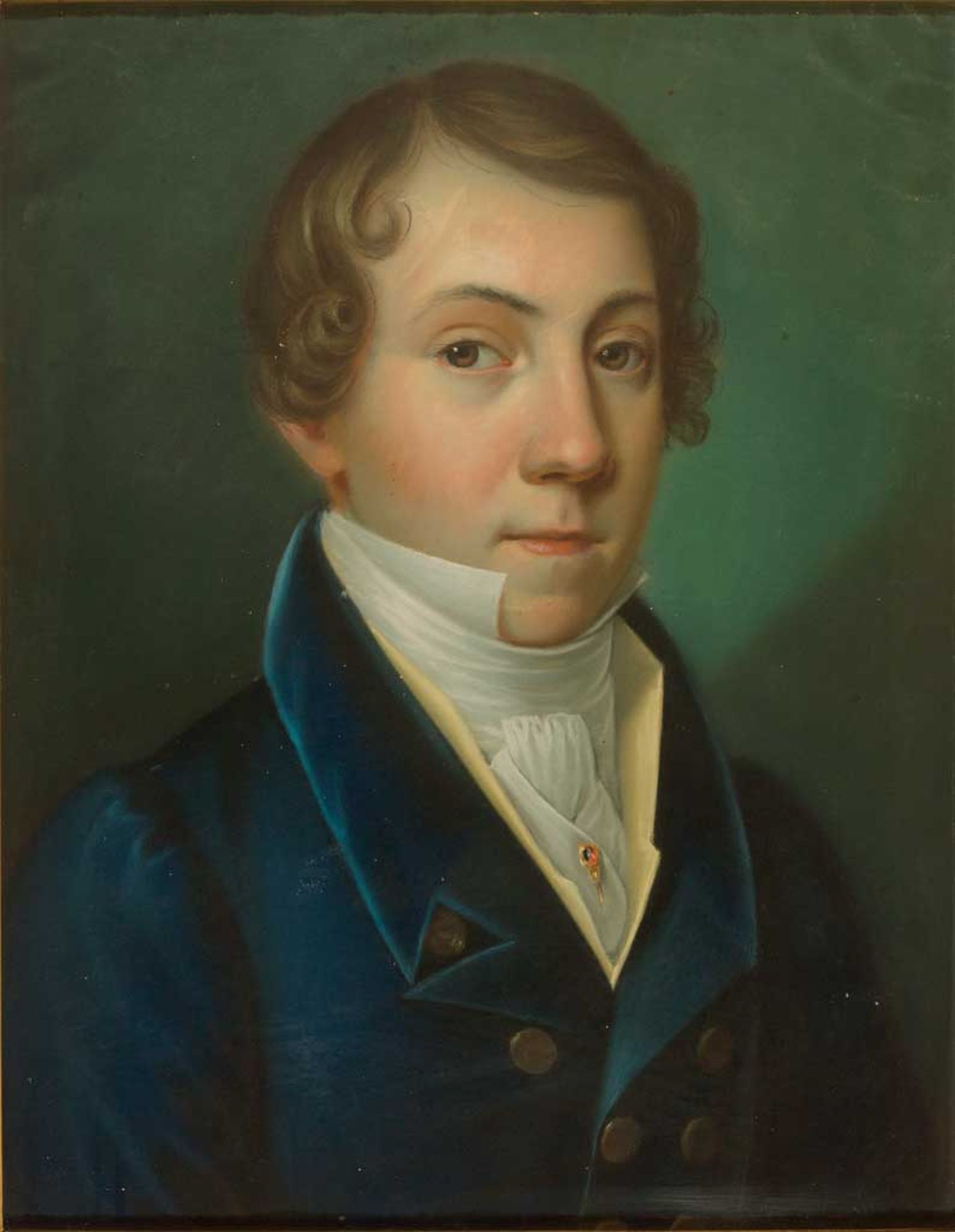 Portraitist um 1800. Portrait eines jungen Mannes mit weißem Plastron und blauer Jacke,