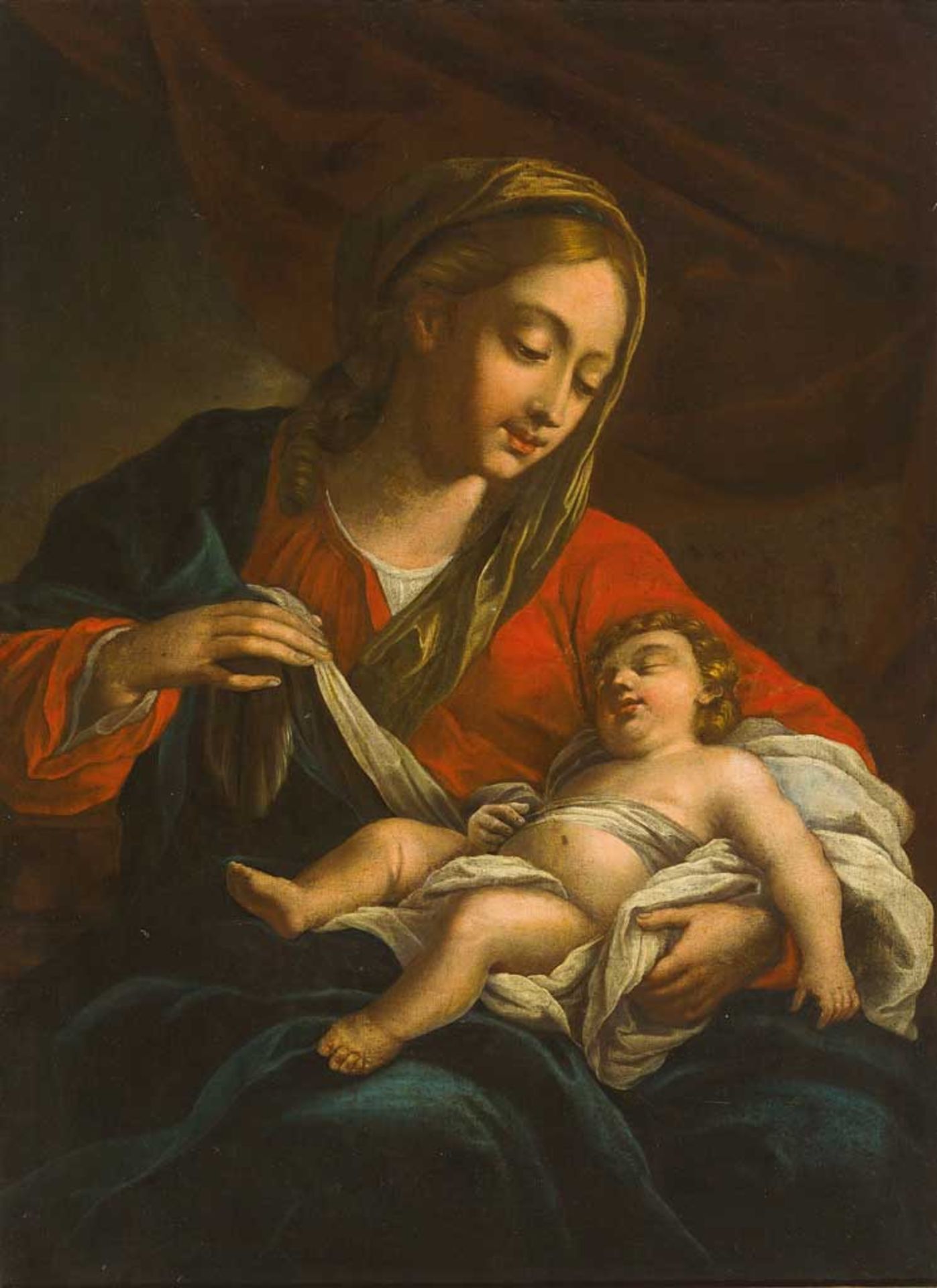 Maler des frühen 18. Jh. Maria mit dem schlafenden Jesuskind. Öl/Lwd. 87 x 64 cm. R