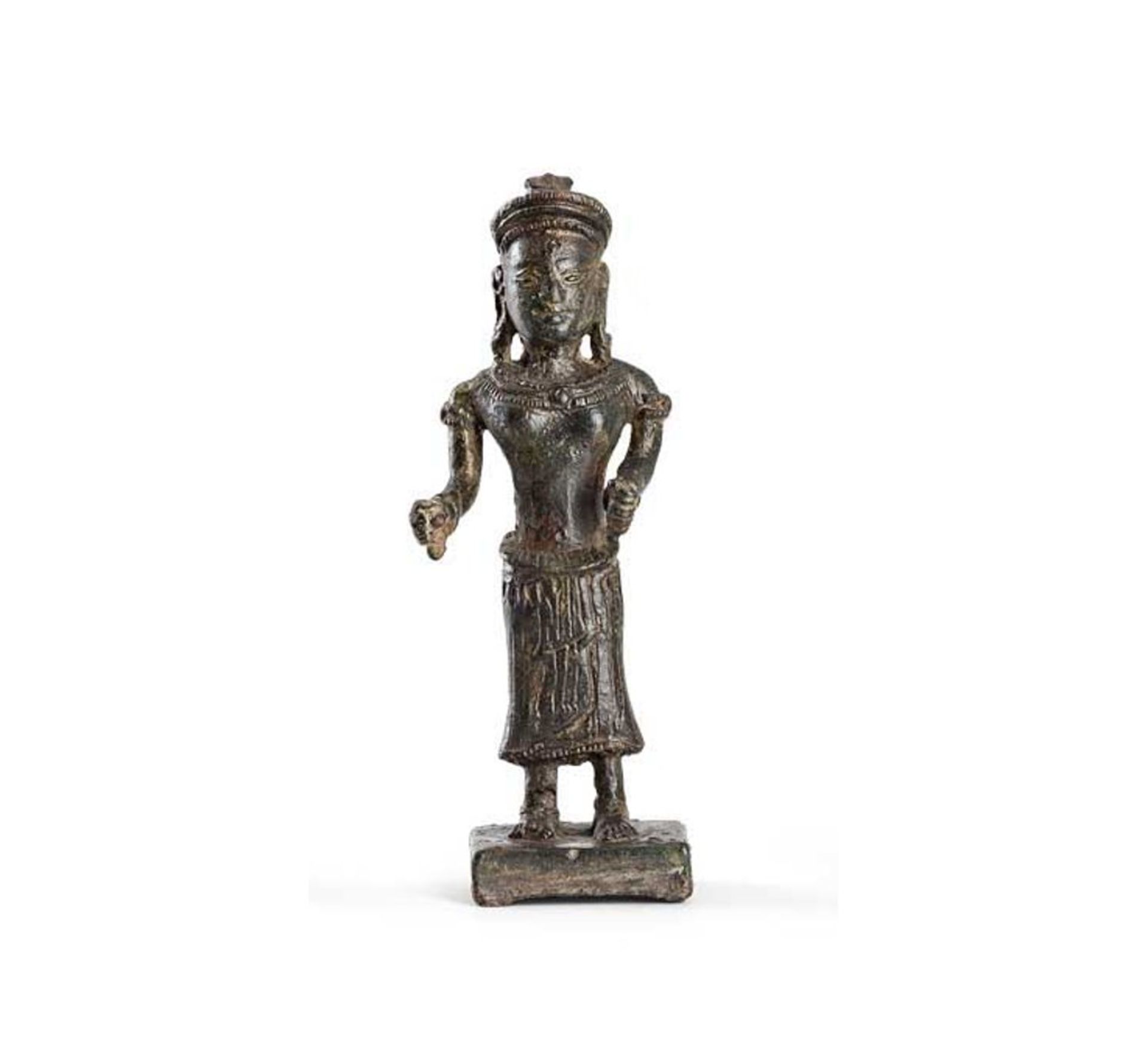 Bodhisattva. Auf Plinthensockel stehende Miniaturfigur. Bronze. H 11 cm. Khmer, Kambodscha, Bayon-