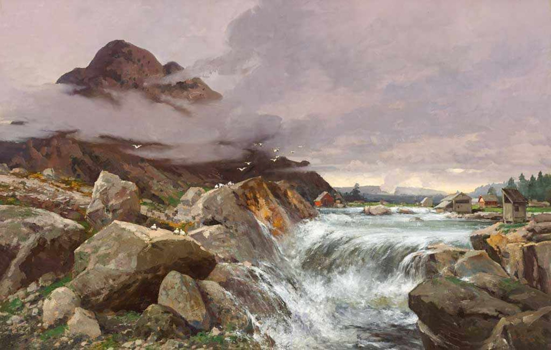 Adolf Kaufmann. 1848 Troppau - 1916 Wien. Sign. Norwegische Landschaft mit Wasserfall. Öl/Lwd. 88