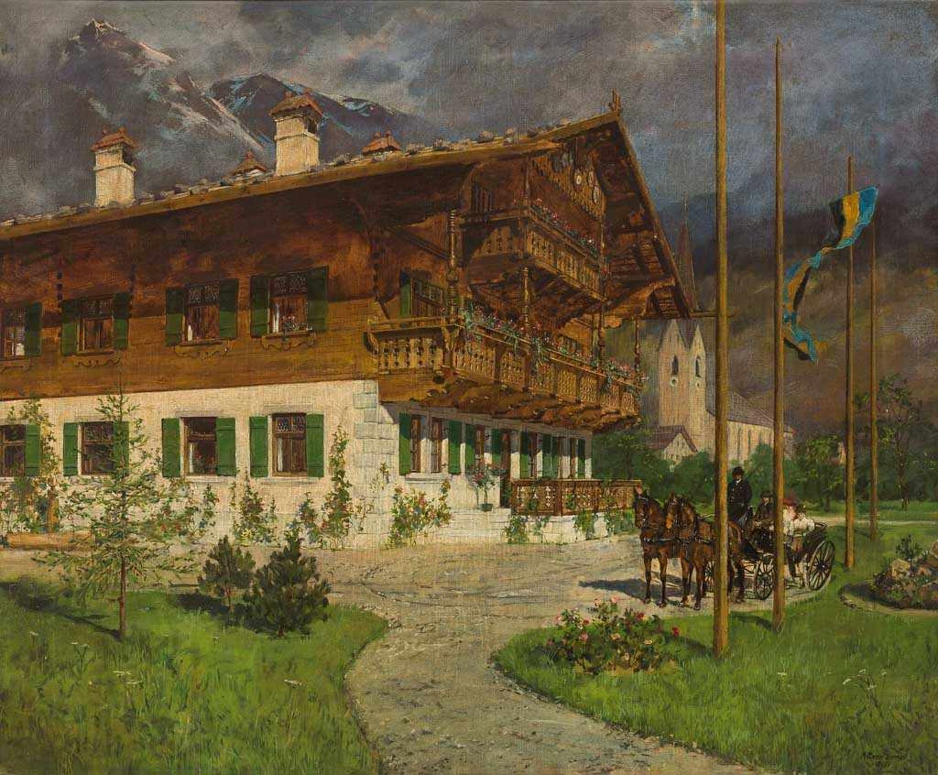 Michael Zeno Diemer. 1867 München - 1939 Oberammergau. Sign. und 1893 dat. Prachtvolles Gehöft in