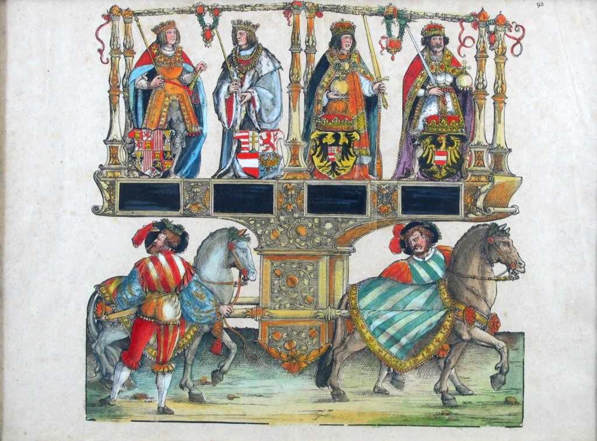 Herrscherdarstellungen mit zugehörigen Wappen, darunter Pferdeparade. Kol. Holzschnitt. Blattgr. ca.