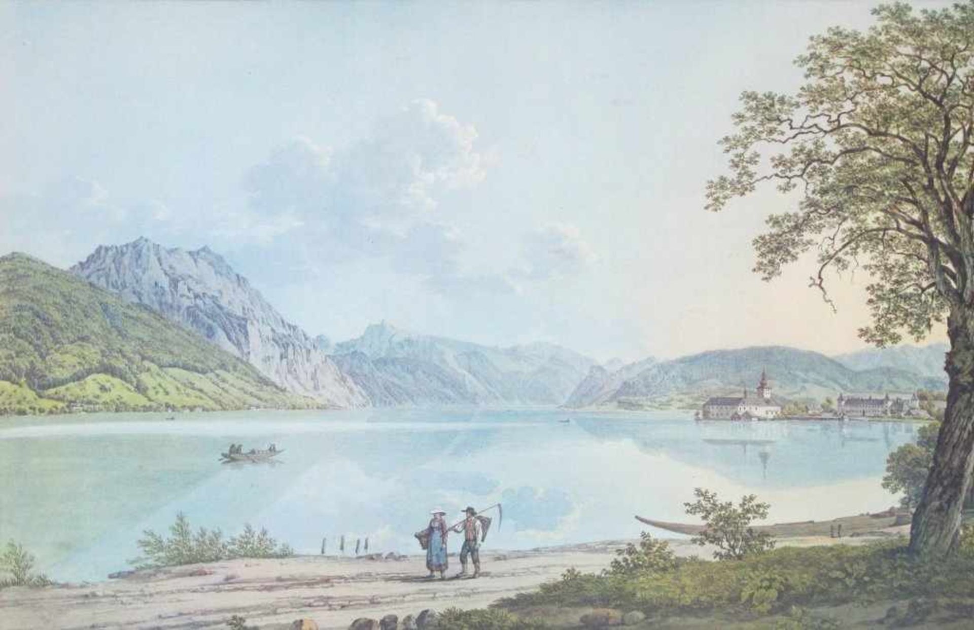 Gmunden: Schloss Ort am Traunsee. Farblithographie, 19. Jh. Bildgr. 35,5 x 53,5 cm. Gl.u.R