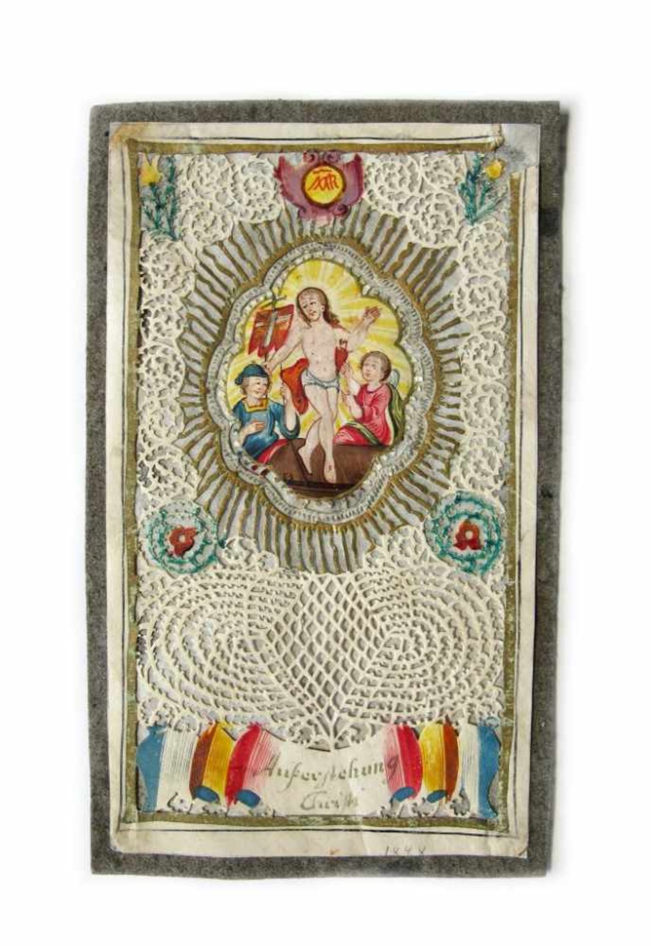 Feines Spitzenbild. Polychrome Miniatur mit Christi Auferstehung. Feine filigrane Arbeit. Anf. 19.