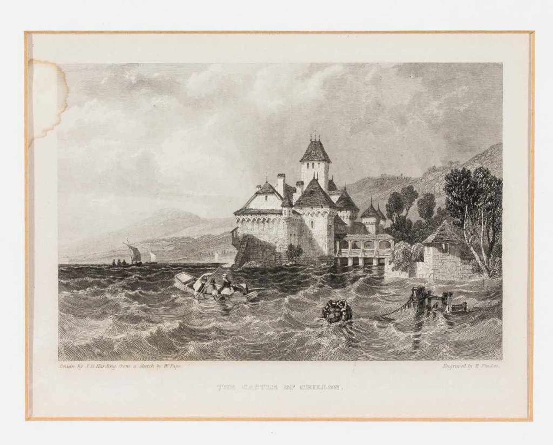 Chillon am Genfer See. "The Castle of Chillon". Stahlstich von E. Finden nach J.D. Harding, 19.