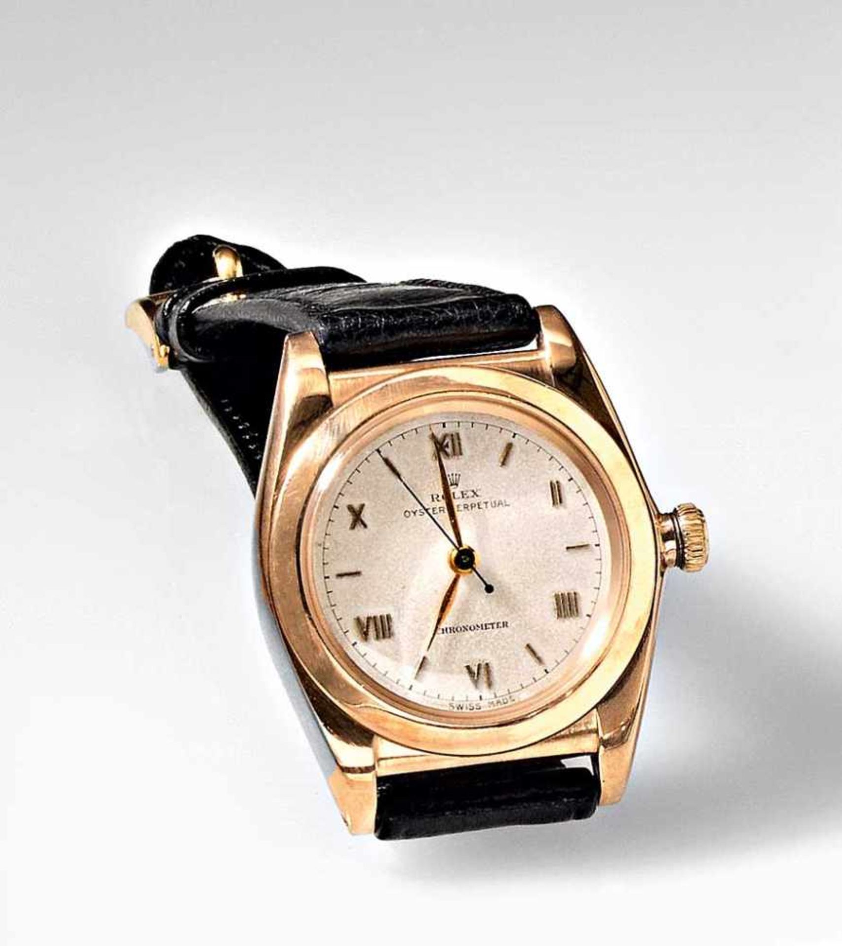 Seltene goldene Rolex Oyster Perpetual Chronometer-Herrenarmbanduhr, sog. "Bubble Back". Ref.