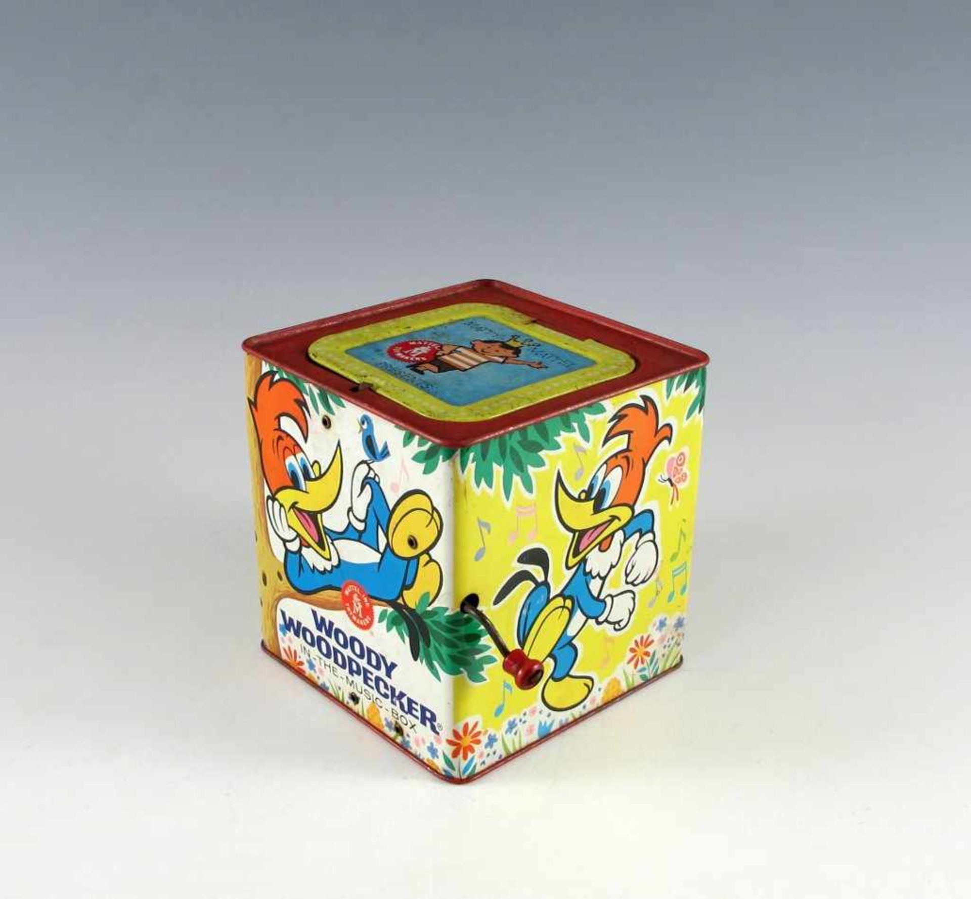 "Woody Woodpecker in the Music Box". Matty Mattel Toymakers, 1960er Jahre. Bemalte Blechdose, 14 x - Bild 2 aus 2