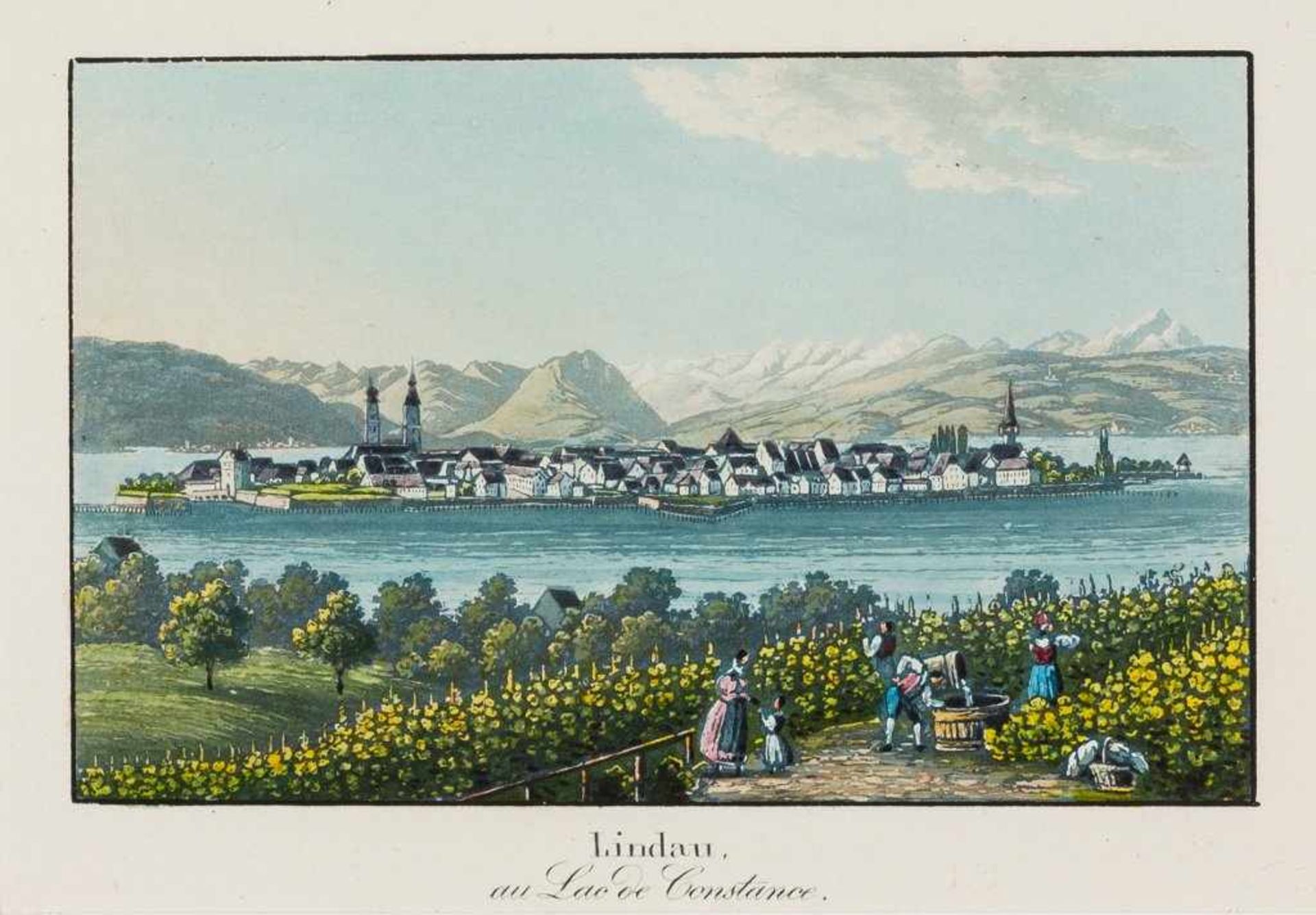 "Lindau au Lac de Constance". Blick von leichter Anhöhe auf die Insel vor Gebirgshintergrund, im