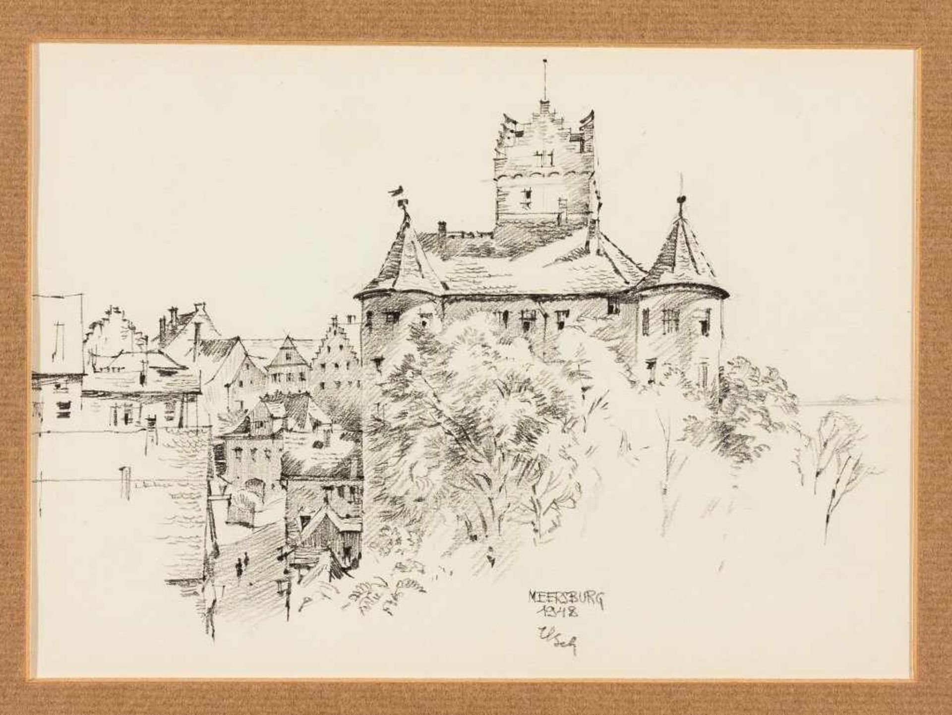 Meersburg. Blick auf das Alte Schloss und Häuserzeile. Bleistiftzeichnung, unleserlich sign. und