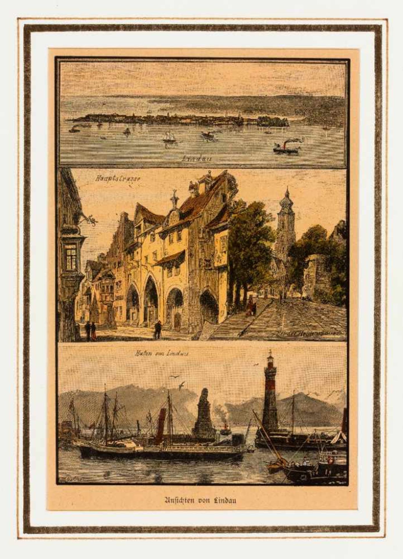 Lindau. Souvenirblatt mit vier Ansichten: Insel, Hauptstraße, Heidenmauer und Hafen. Kol. Holzstich,