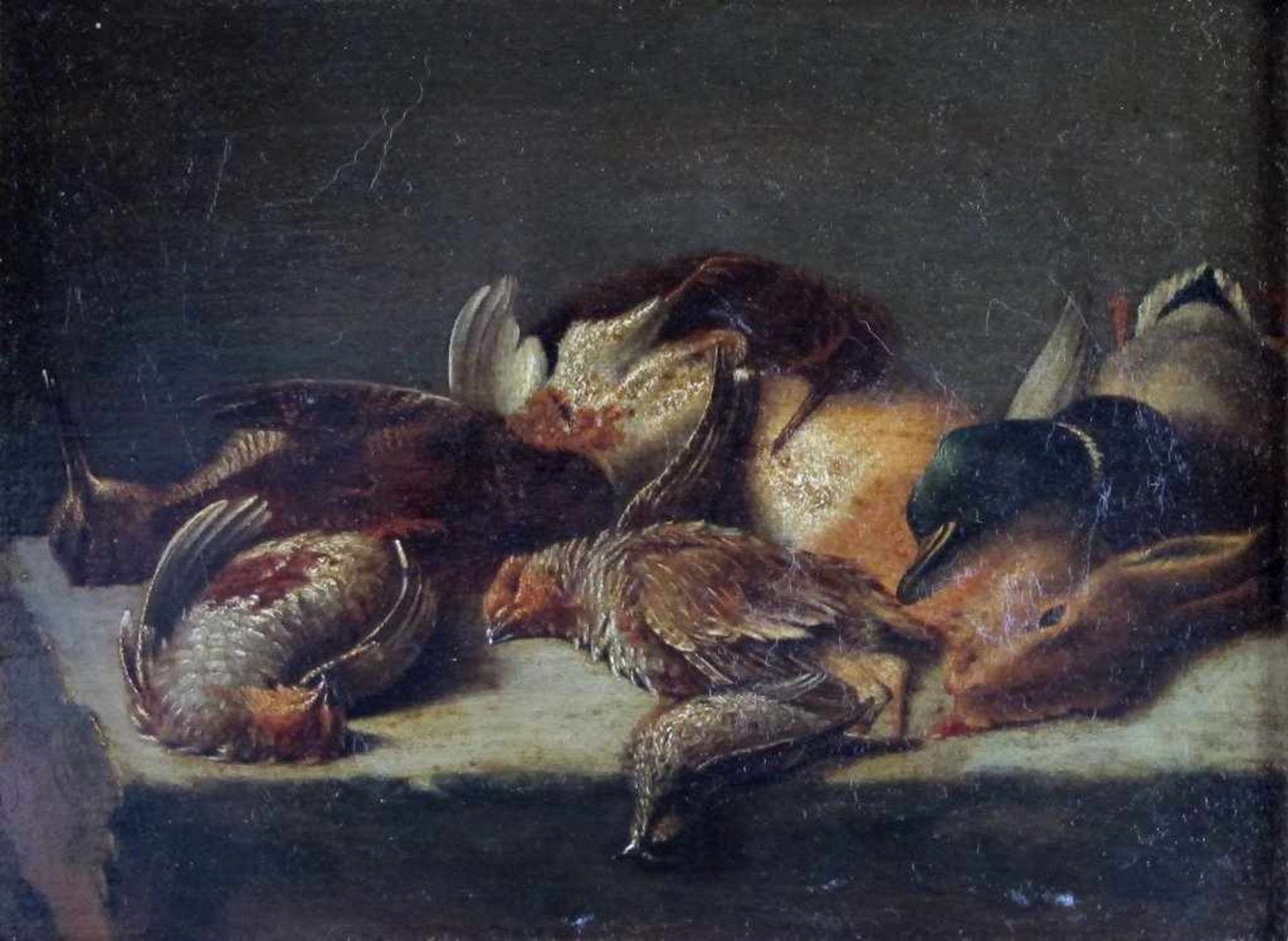 Maler des 19. Jh. Jagdliches Stilleben mit Schnepfe, Hase, Ente und Wachtel. Öl/Holz. 19 x 24 cm. R