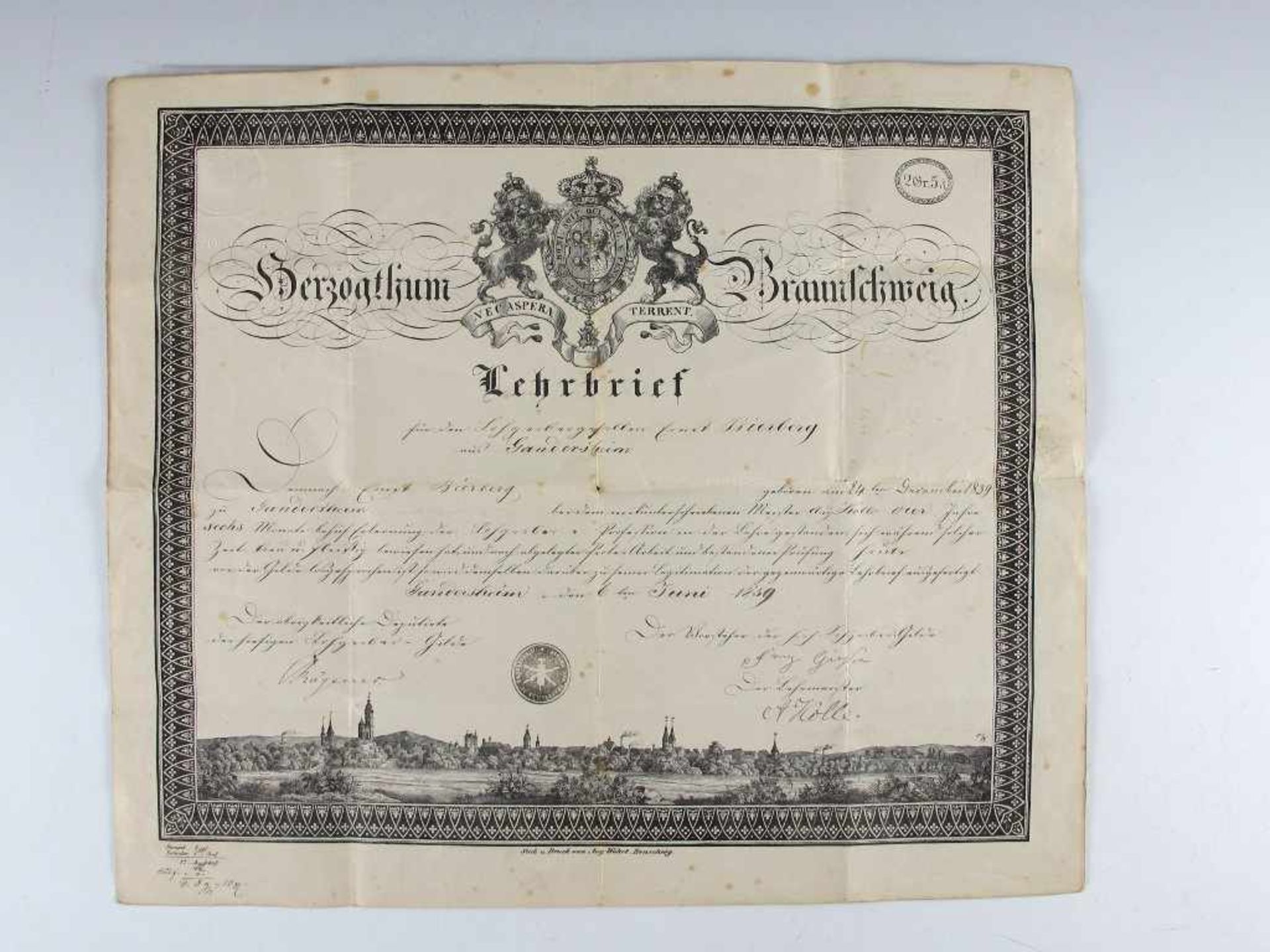 Braunschweig: Herzogthum Braunschweig Lehrbrief mit Wappen und Stadtansicht. Handschriftlich