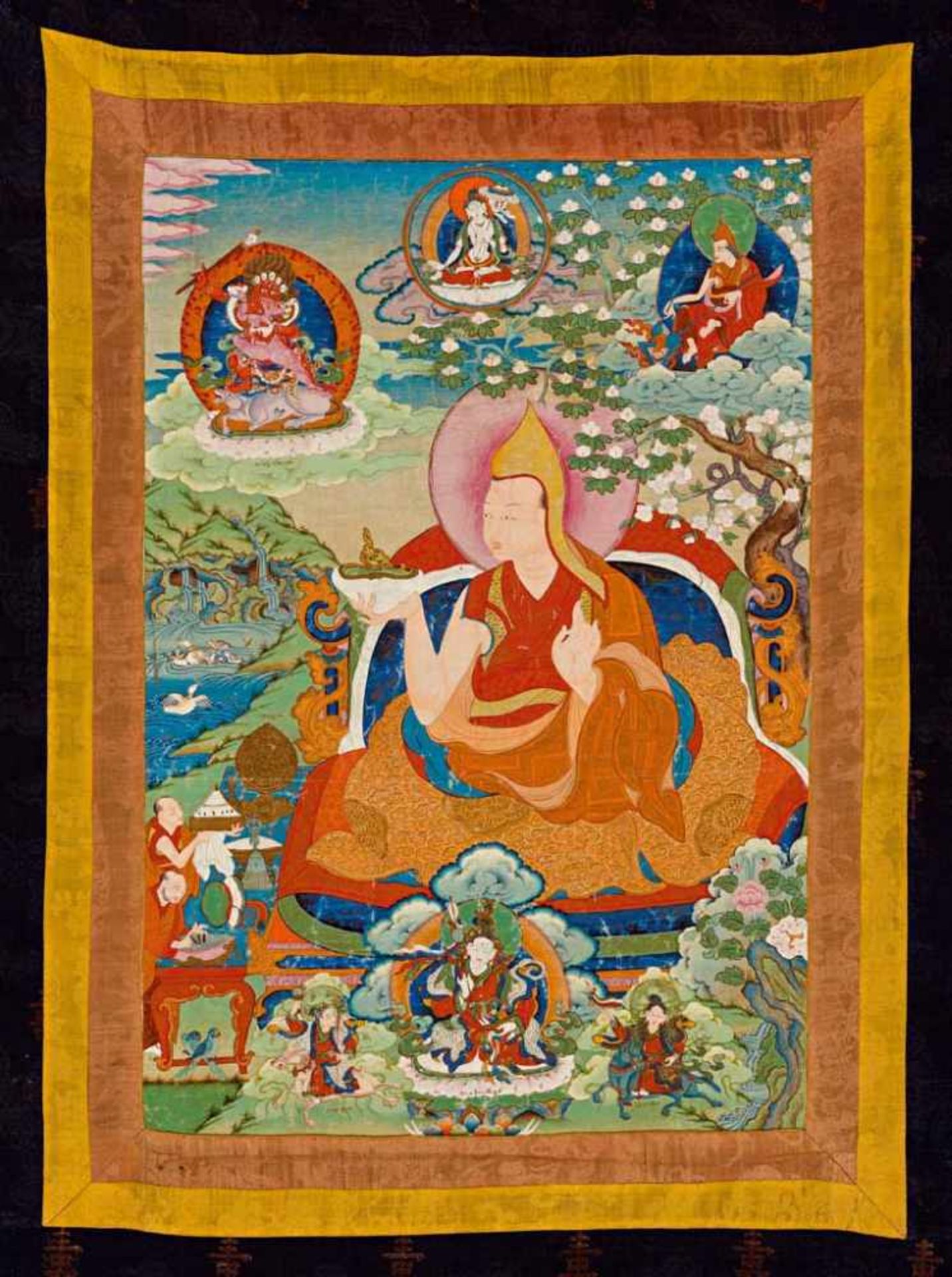 Thangka. Sitzender Lama mit zahlreichen Aspekten und adorierenden Mönchen vor