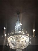 Large Vintage Chandelier, Brass Frame and Glass Beads With 6 Faux Candle Bulb Holders