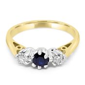 9ct Sapphire & Diamond 3 Stone Ring Size K Centre Sapphire 4mm 2 x 8pt Diamonds