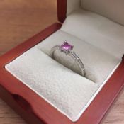 White Gold Platinum Pink Sapphire Ring With Diamond Set Shoulders Size R