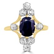 18ct Yellow Gold Antique Ring With Navy Oval Sapphire & 0.65ct Diamond