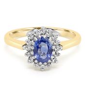 9ct Ceylon Sapphire 7 x 5mm & 16 Stone Diamond Cluster Ring Size M